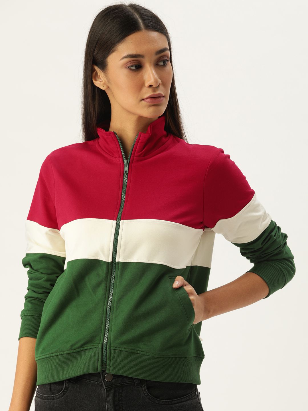Flying Machine Women Red & Green Colourblocked Sweatshirt Price in India