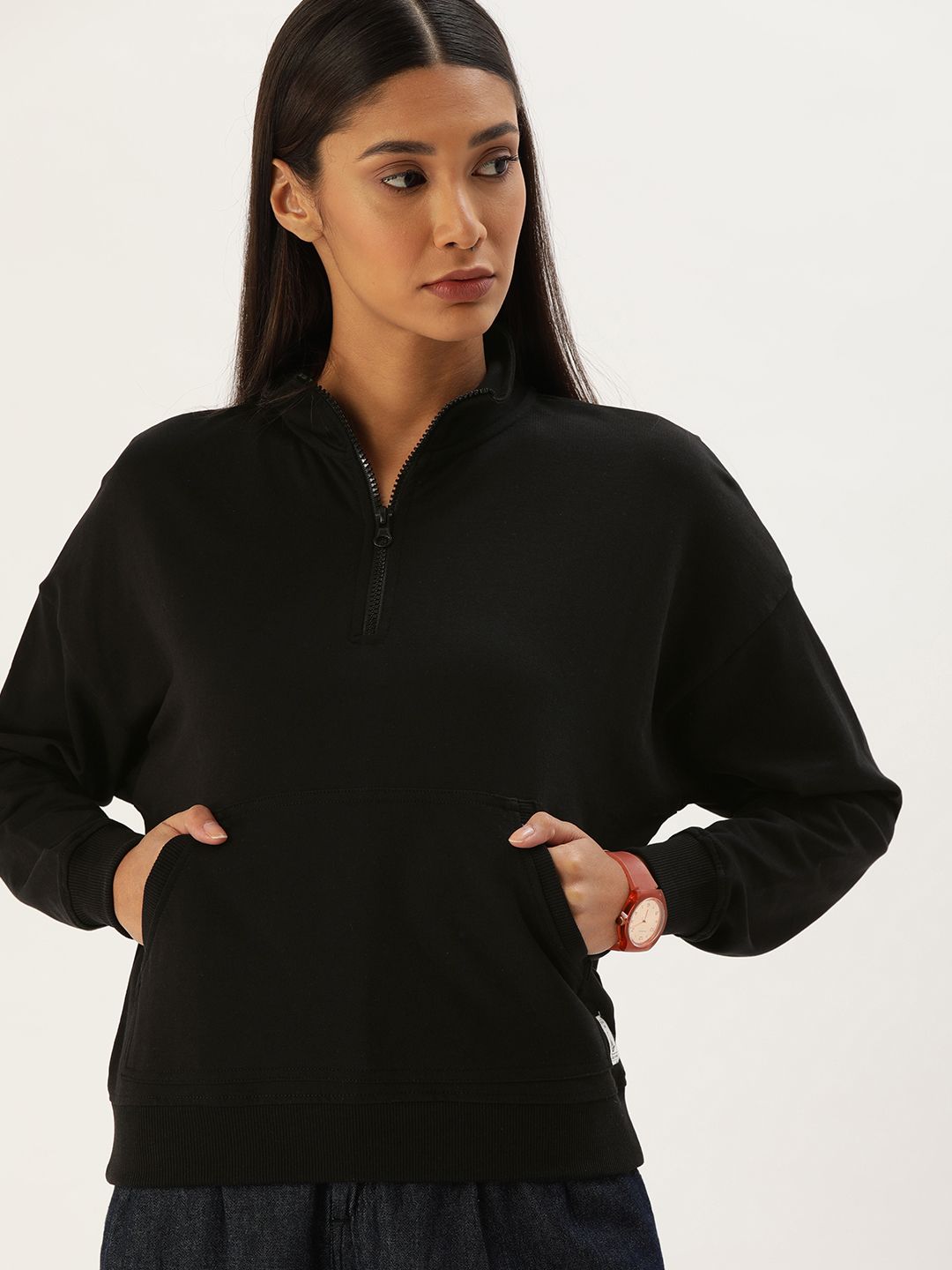 Flying Machine Women Black Solid Sweatshirt Price in India