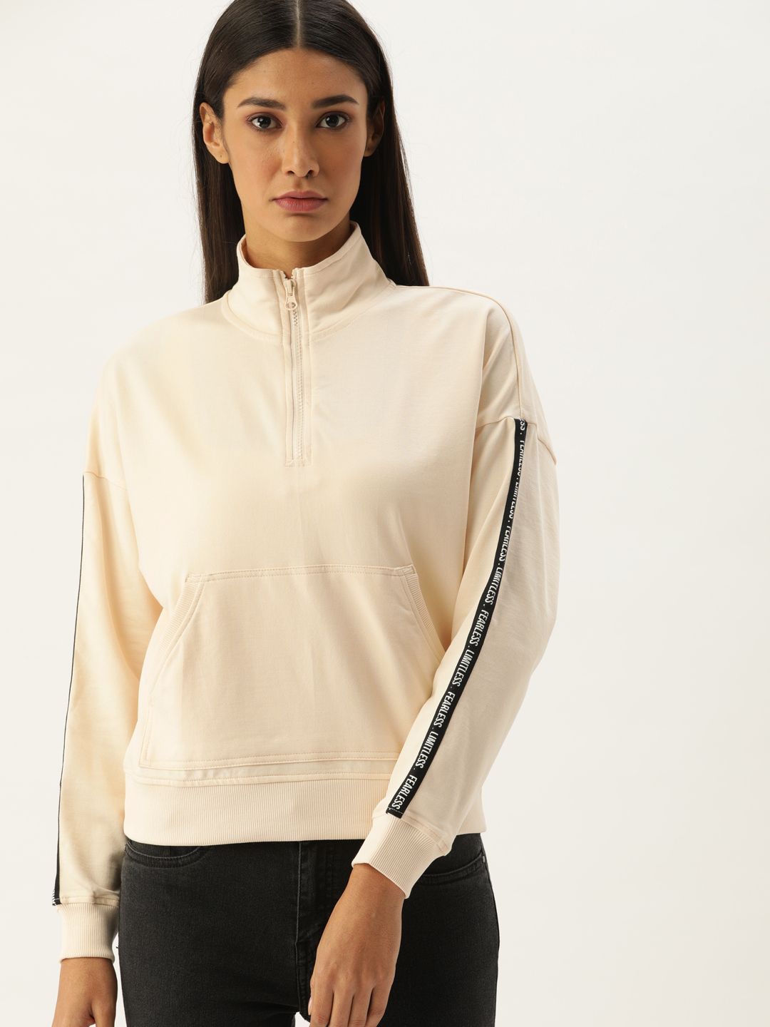 Flying Machine Women Beige Solid Sweatshirt Price in India