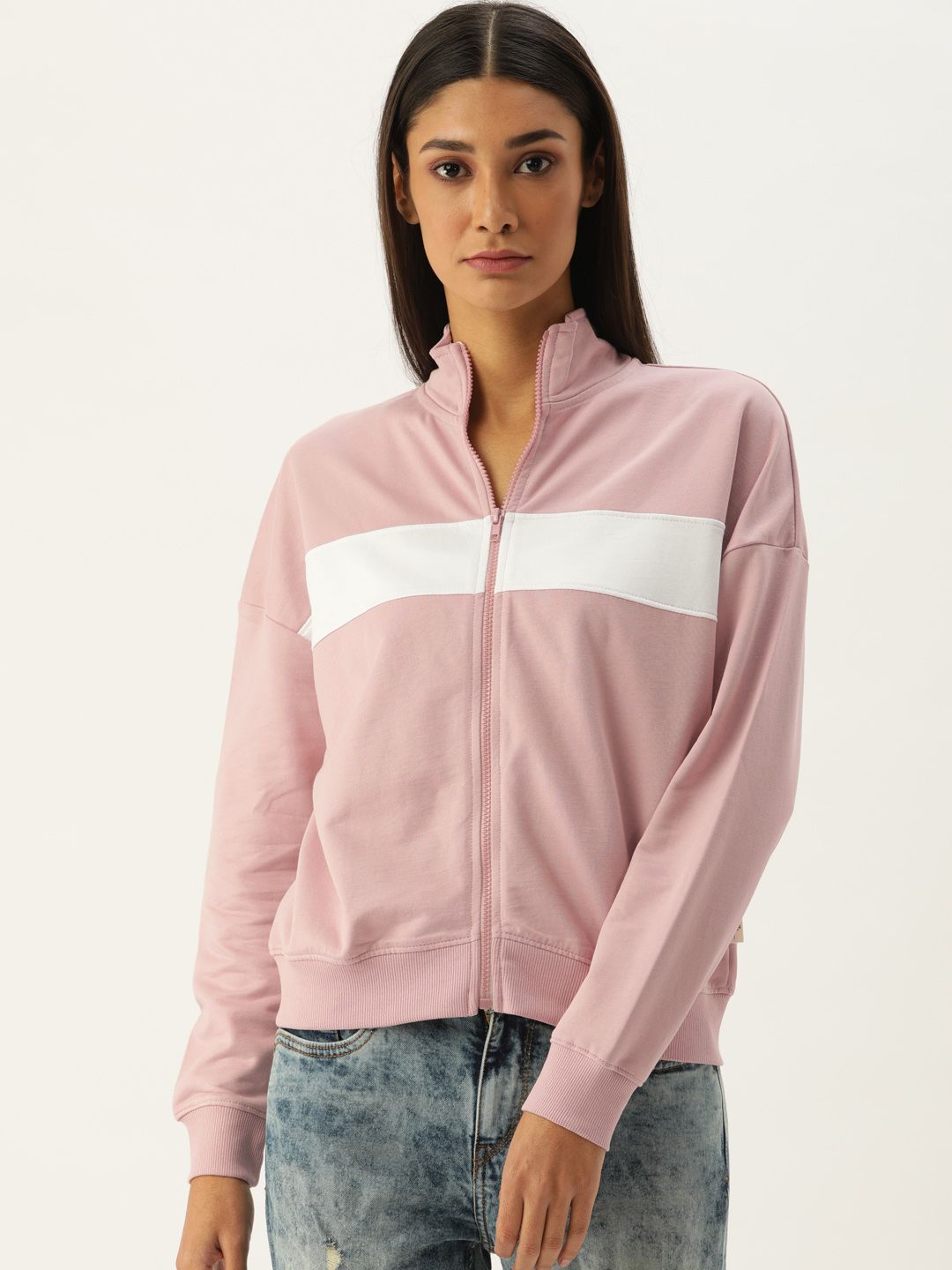 Flying Machine Women Pink & White Striped Sweatshirt Price in India