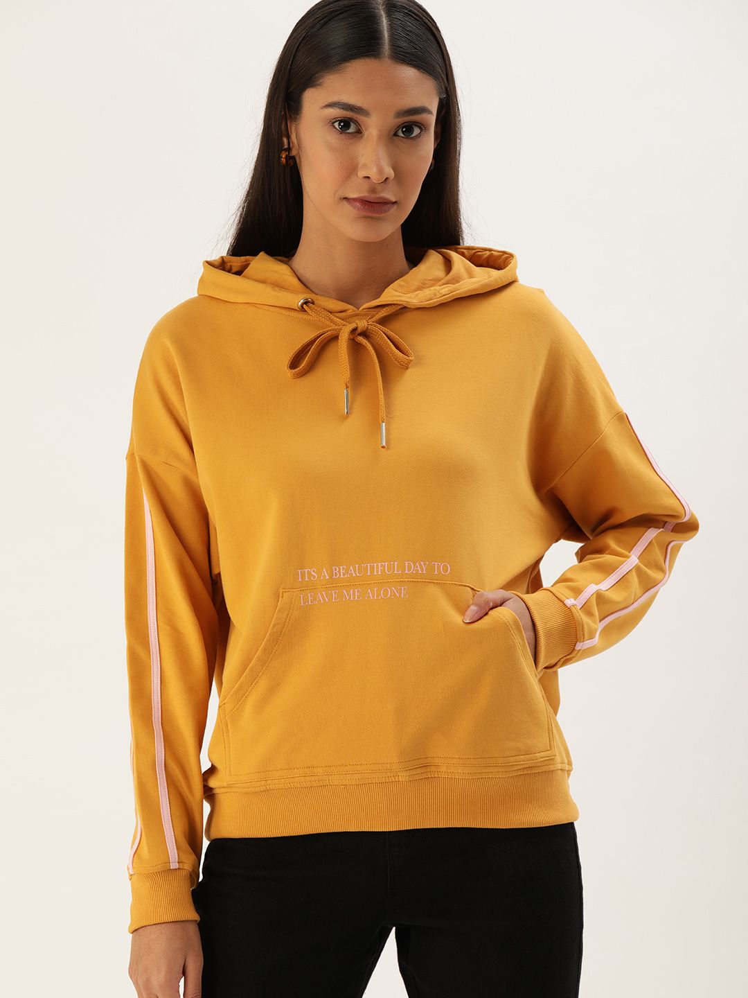 Flying Machine Women Mustard Yellow Printed Hooded Pullover Sweatshirt Price in India