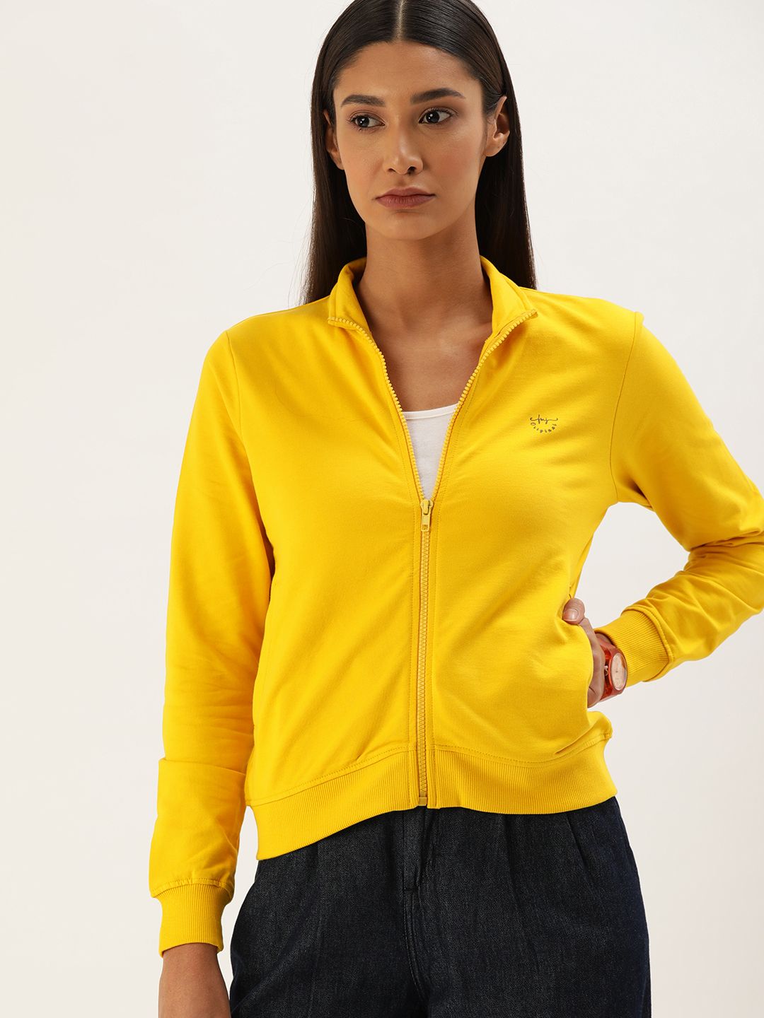 Flying Machine Women Yellow Solid Sweatshirt Price in India