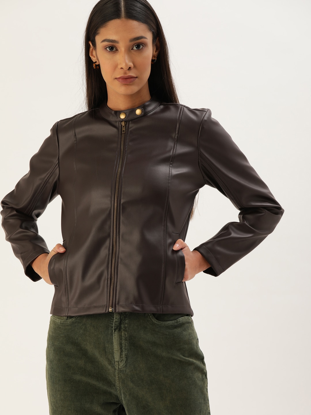 Flying Machine Women Brown Solid Lightweight Leather Jacket Price in India