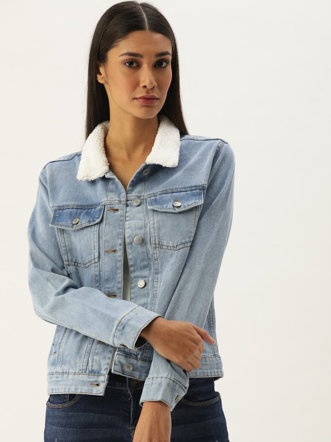 Flying Machine Women Blue Solid Denim Jacket With Faux Fur Detailing Price in India