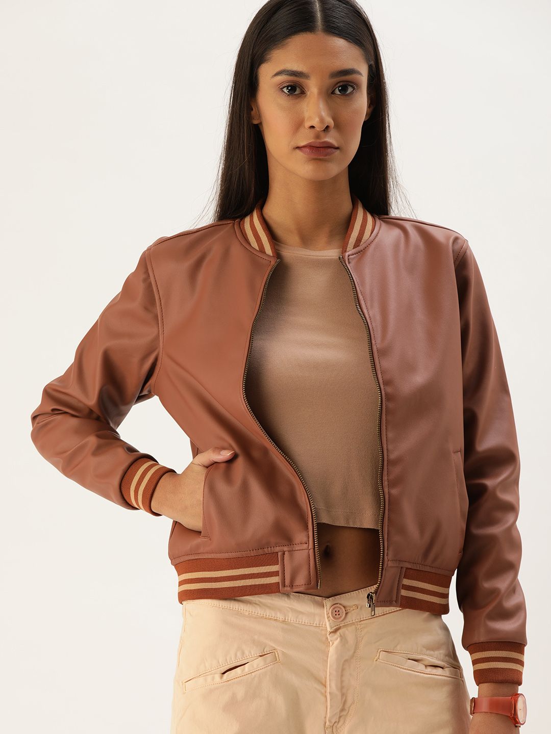 Flying Machine Women Brown Solid Lightweight Bomber Jacket Price in India