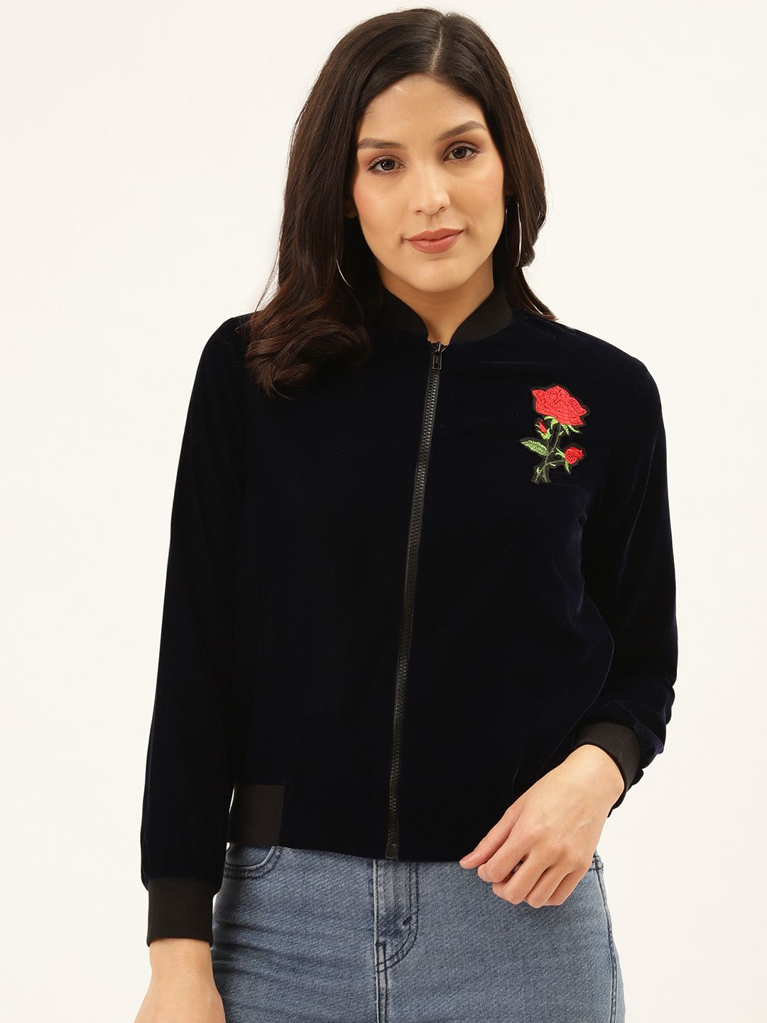 Style Quotient Women Navy Blue Solid Velvet Finish Lightweight Bomber Price in India