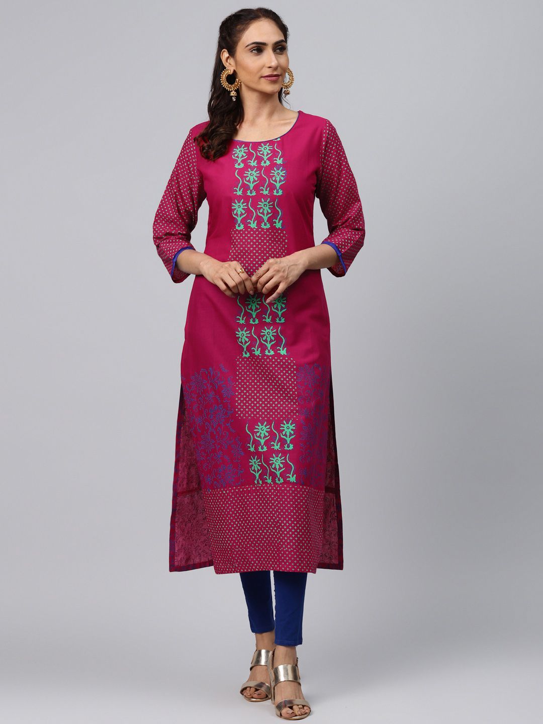 Akshatani Women Magenta & Sea Green Hand Block Print Straight Kurta Price in India