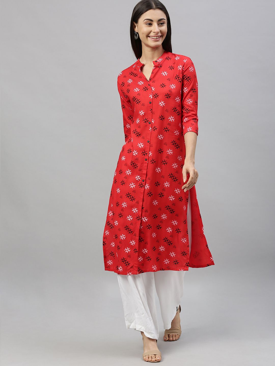 MIMOSA Women Red & White Printed Straight Kurta