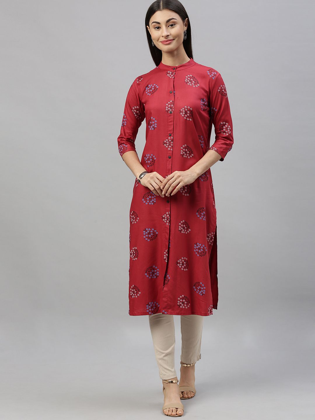 MIMOSA Women Maroon & White Printed Straight Kurta