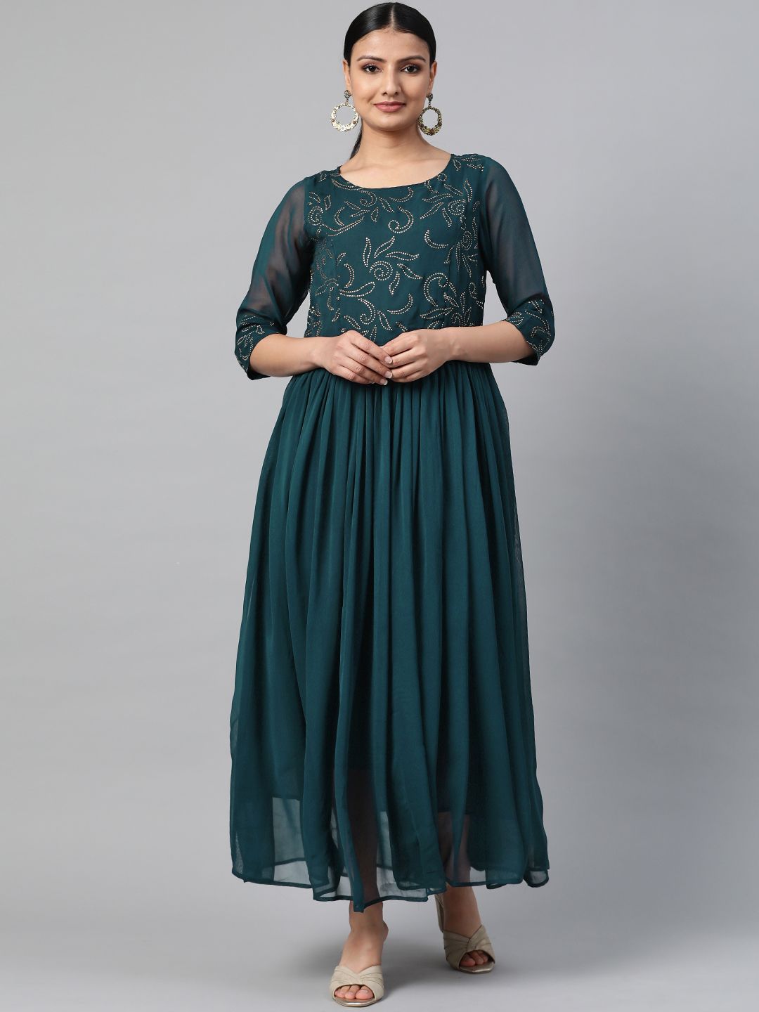 Shree Women Teal Green & Silver Embellished Fit and Flare Maxi Dress