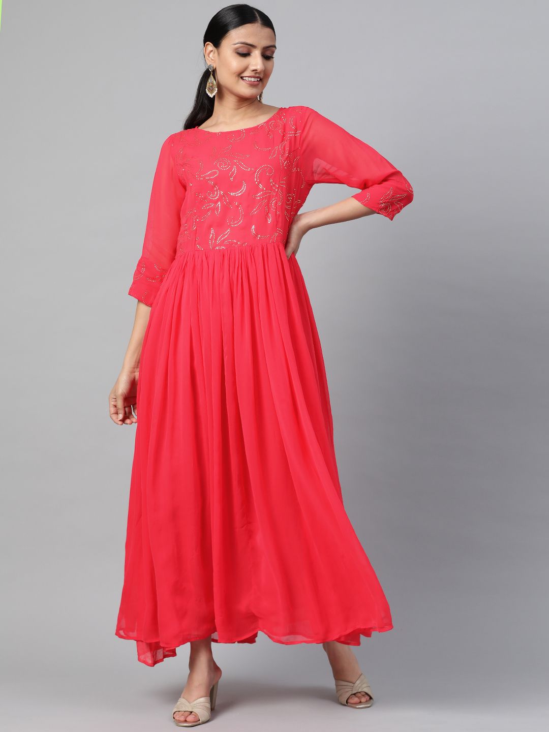 Shree Women Coral Red & Silver Embellished Fit and Flare Maxi Dress