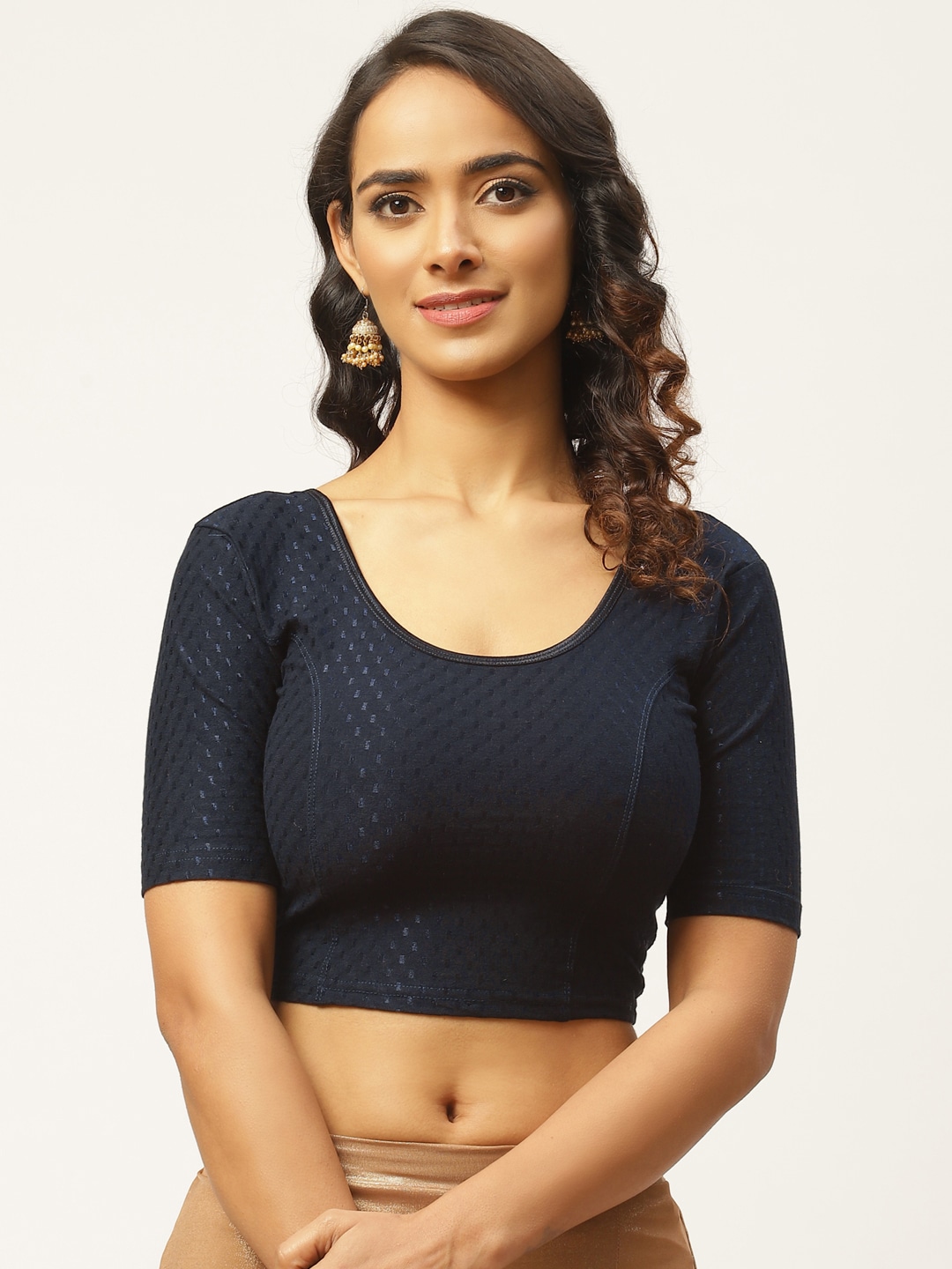 VASTRANAND Women Navy Blue Woven Design Stretchable Saree Blouse Price in India