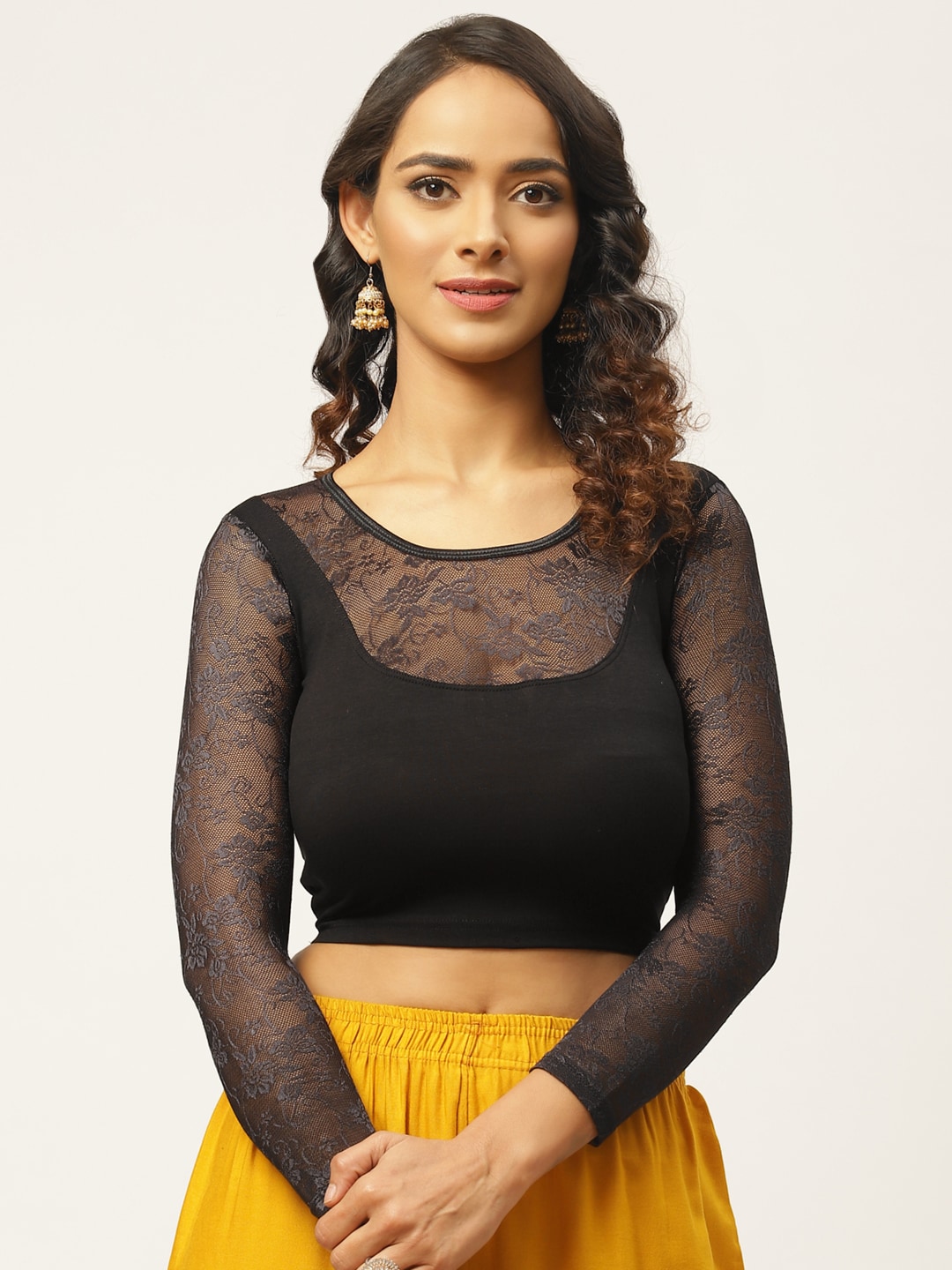 VASTRANAND Women Black Solid Stretchable Saree Blouse With Lace Detail Price in India