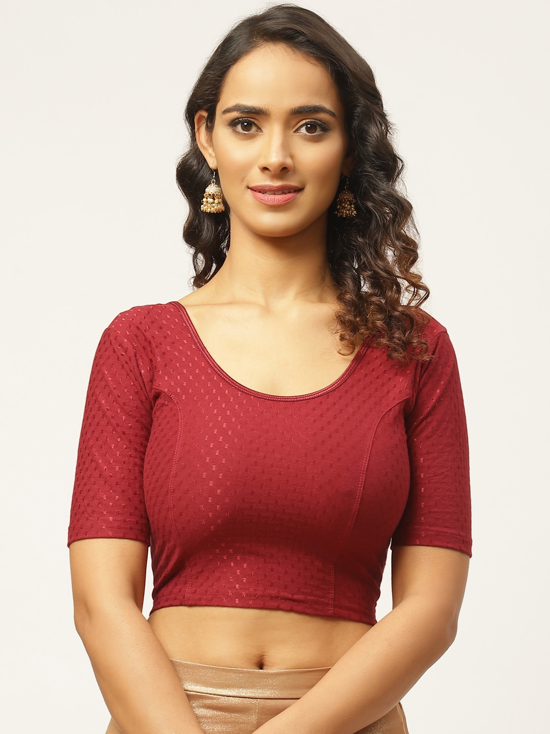 VASTRANAND Women Maroon Woven Design Stretchable Saree Blouse Price in India