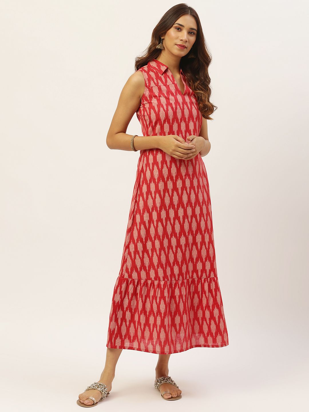 Aayna Women Red & Off White Geometrical Printed A-Line Dress Price in India