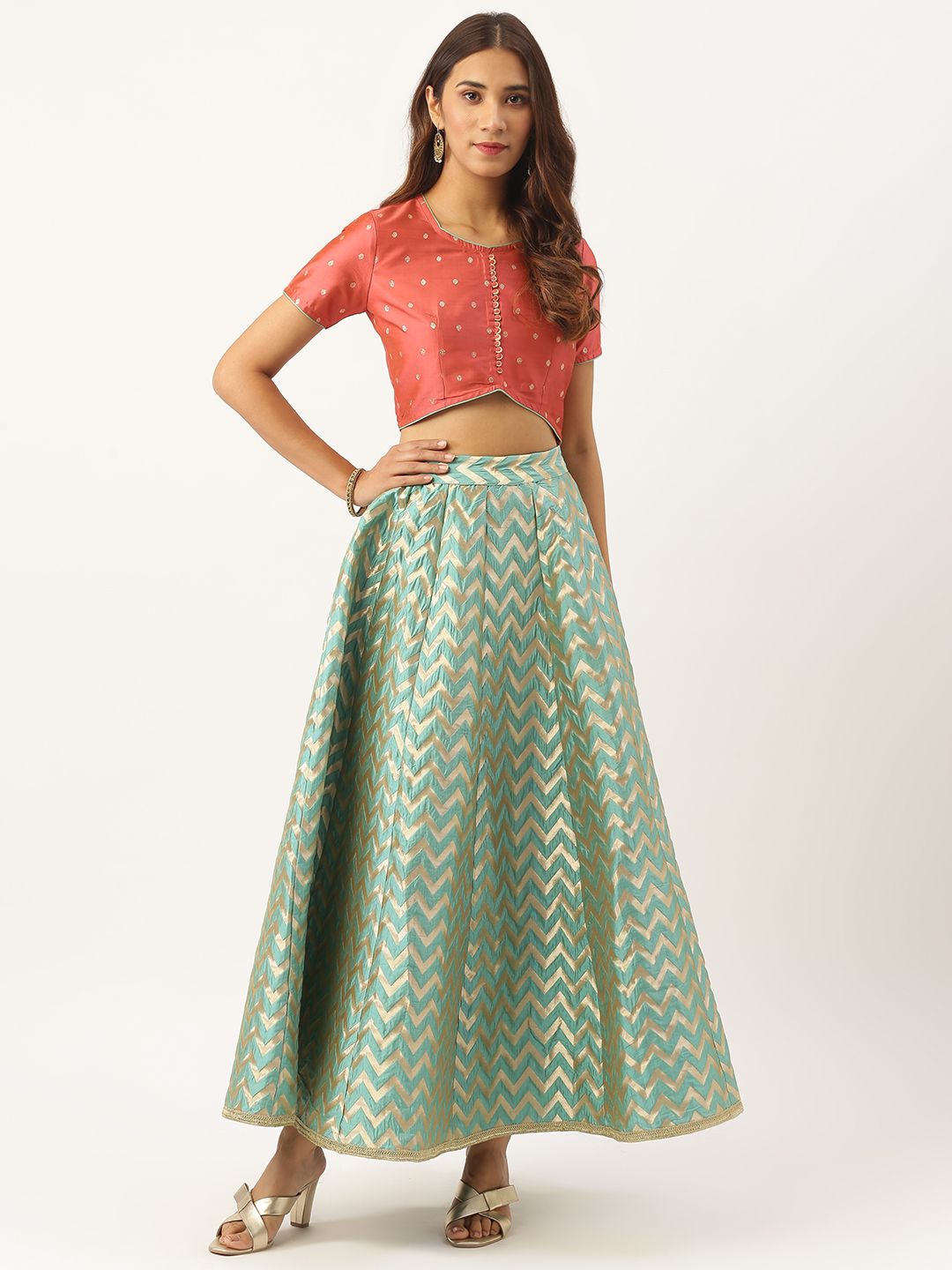 Aayna Women Peach-Coloured & Green Self Design Top with Skirt Price in India
