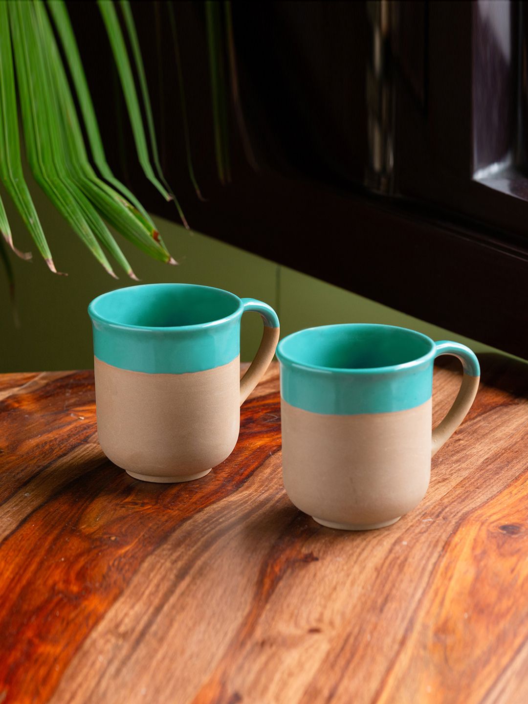 ExclusiveLane Turquoise Blue  Beige 2-Pieces Colourblocked Ceramic Coffee Mugs Set Price in India