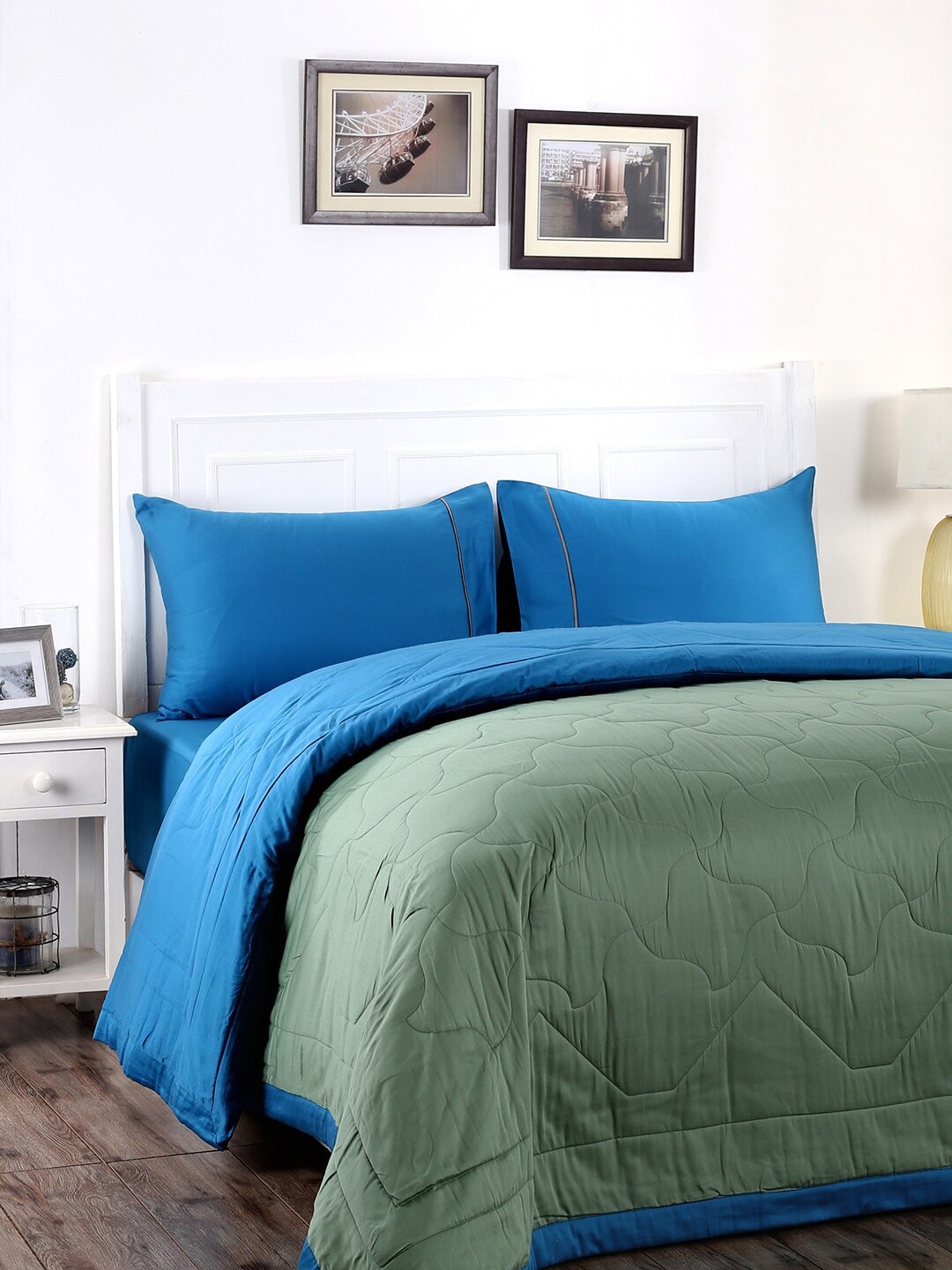 MASPAR Green & Blue Solid AC Room 120 GSM Reversible Double Bed Quilt Price in India