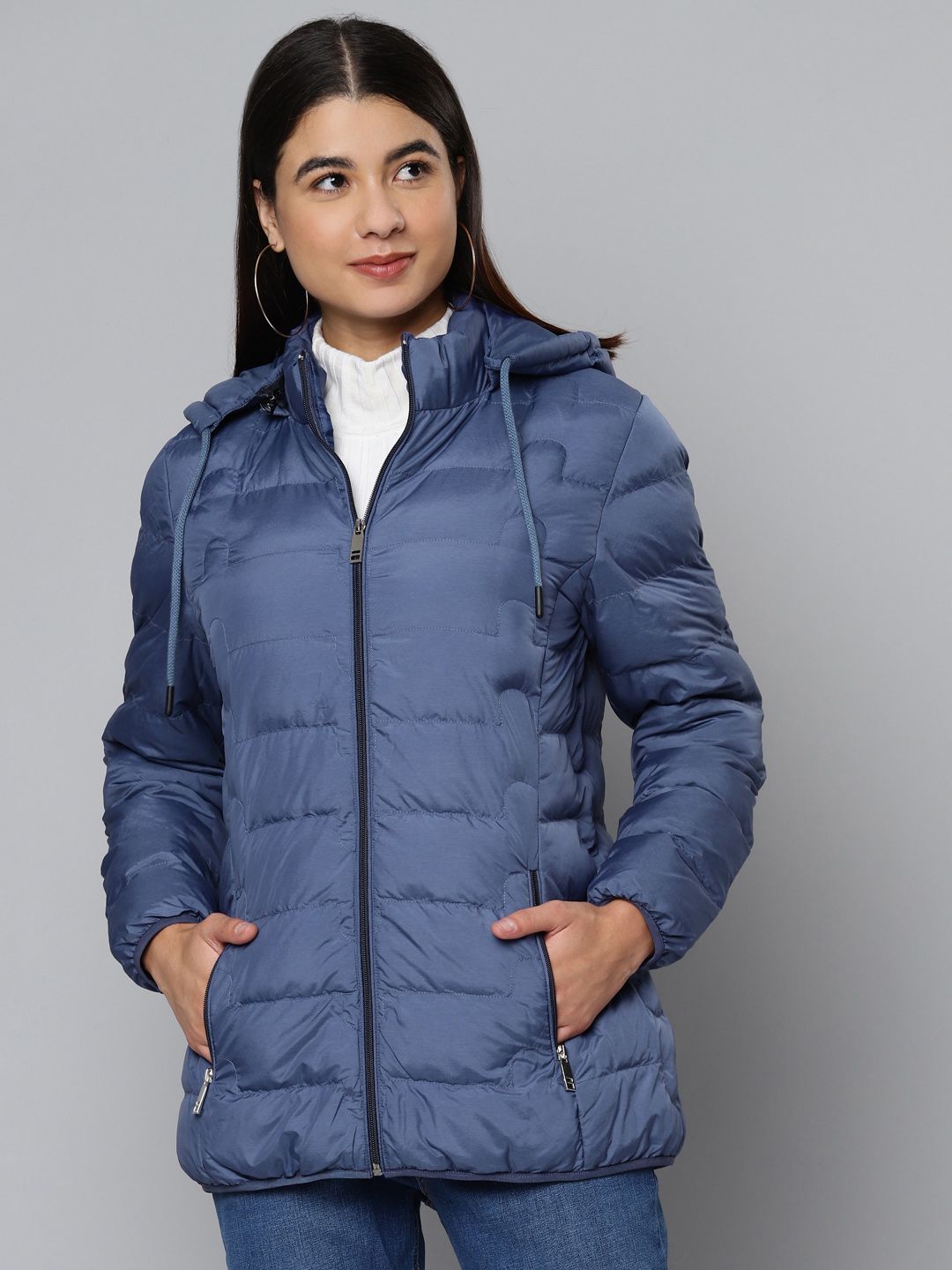 Fort Collins Women Navy Blue Solid Padded Jacket with Detachable Hood Price in India