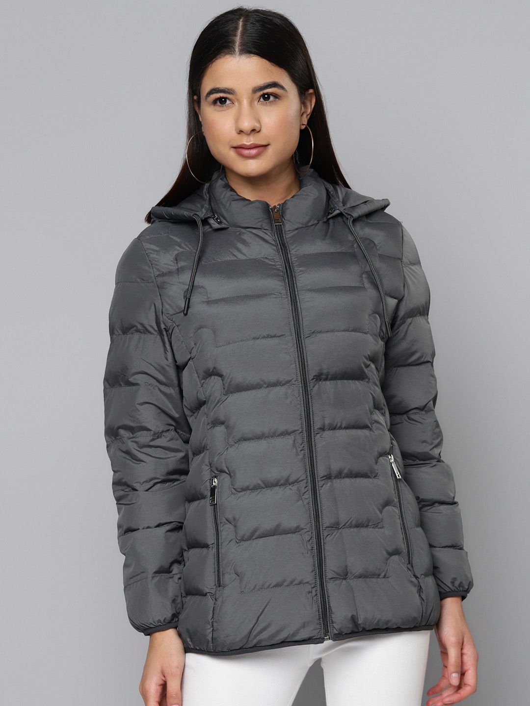 Fort Collins Women Grey Solid Padded Hooded Jacket Price in India
