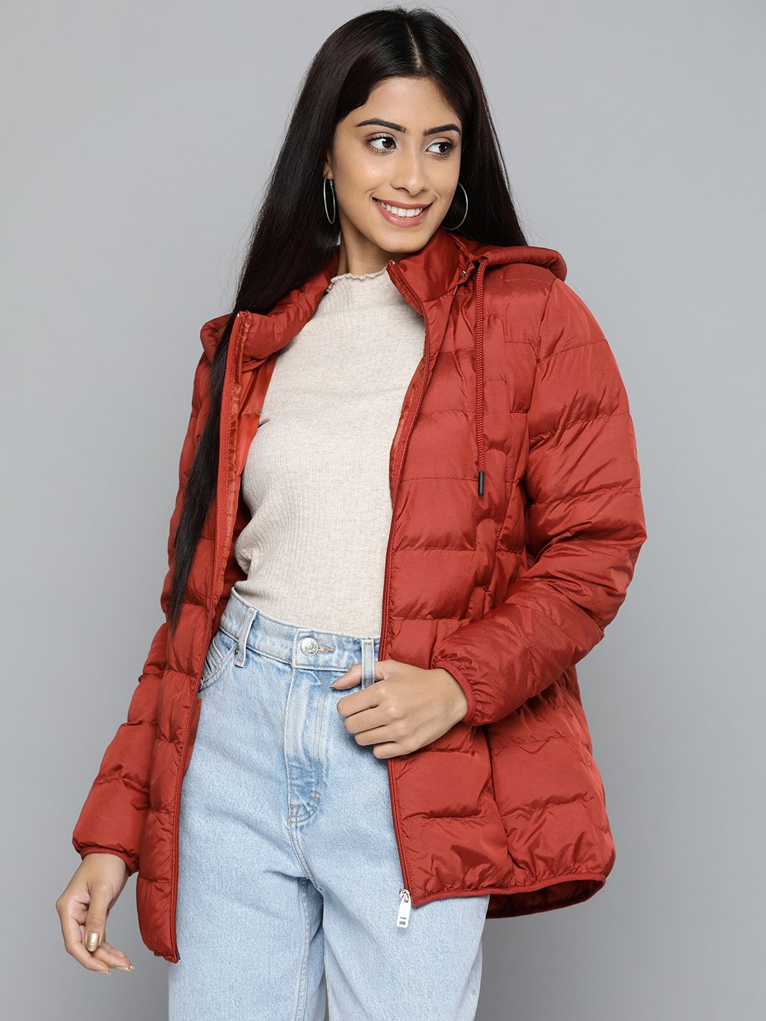 Fort Collins Women Rust Red Solid Padded Jacket with Detachable Hood Price in India