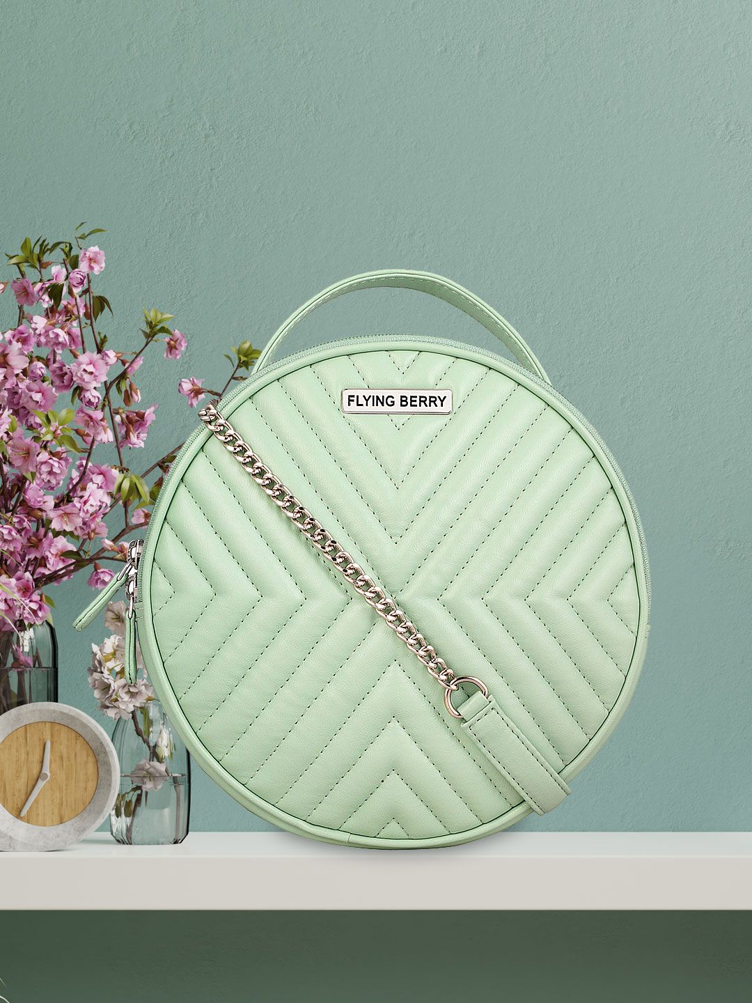 FLYING BERRY Green Textured Sling Bag Price in India