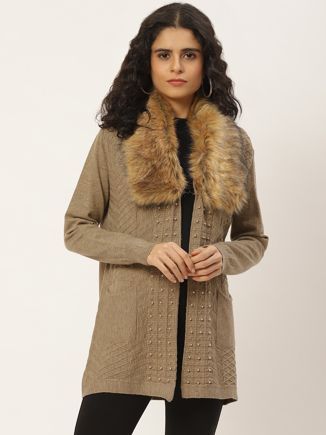 Duke Women Brown Self Design Front-Open Woollen Sweater & Detachable Faux Fur Collar Price in India