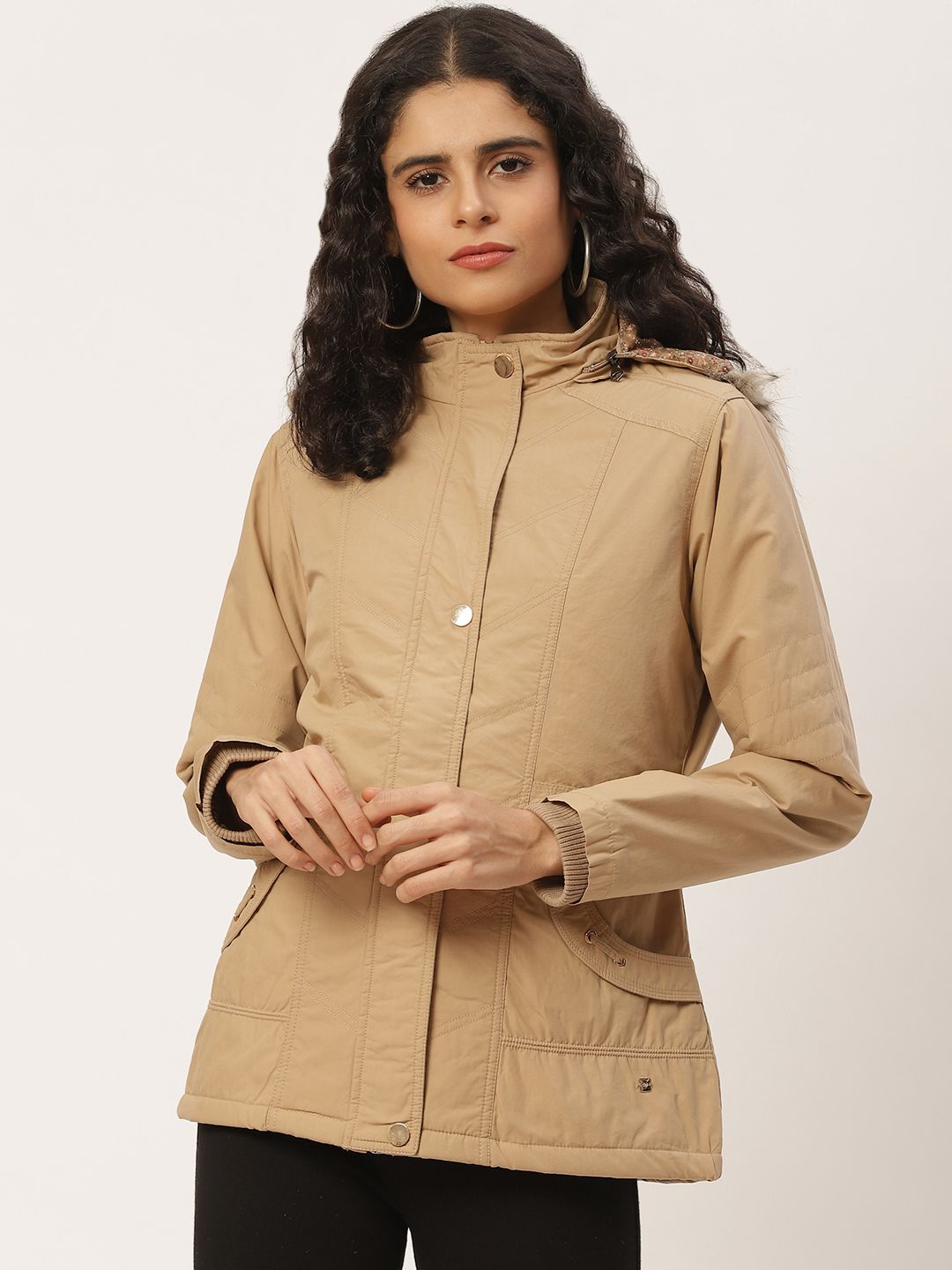 Duke Women Beige Solid Hooded Faux Fur Parka Jacket Price in India