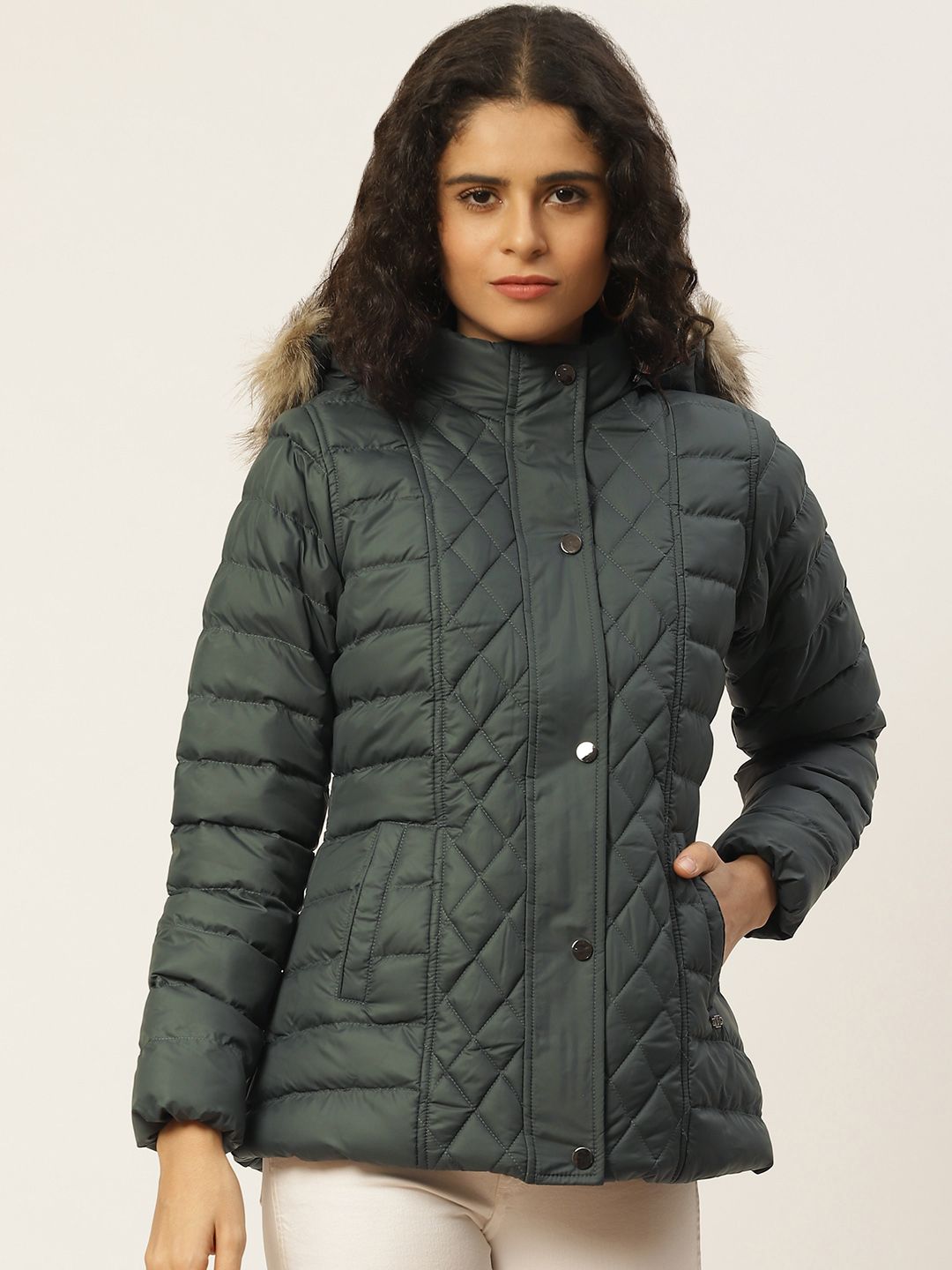 Duke Women Green Solid Hooded Faux Fur Parka Jacket Price in India