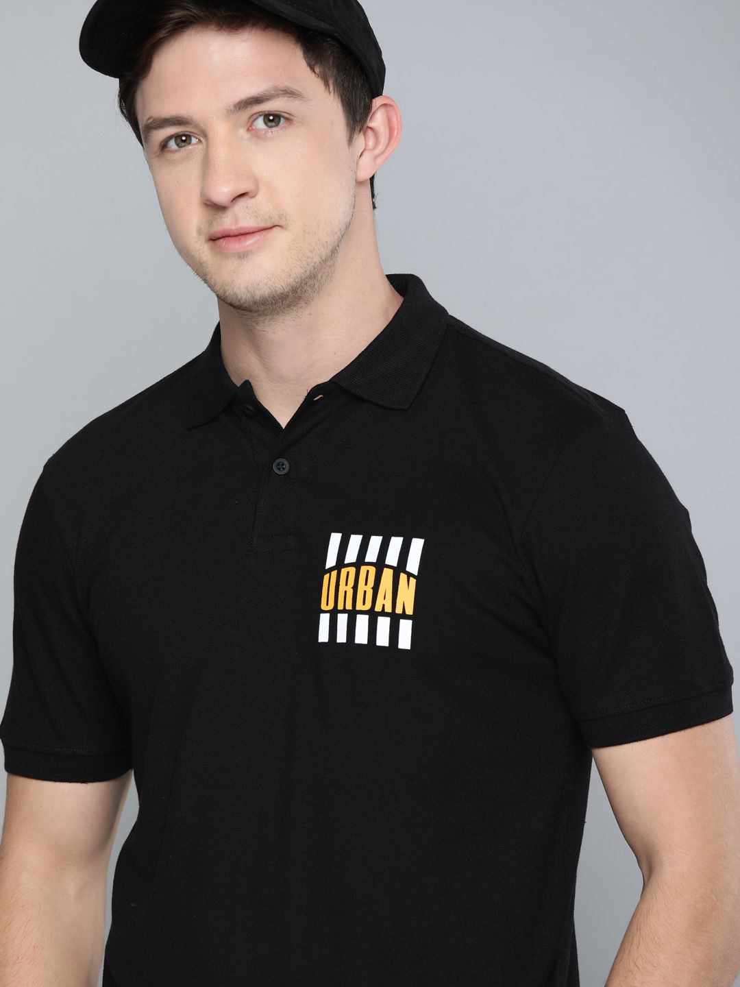 HERE&NOW Men Black Printed Polo Collar T-shirt