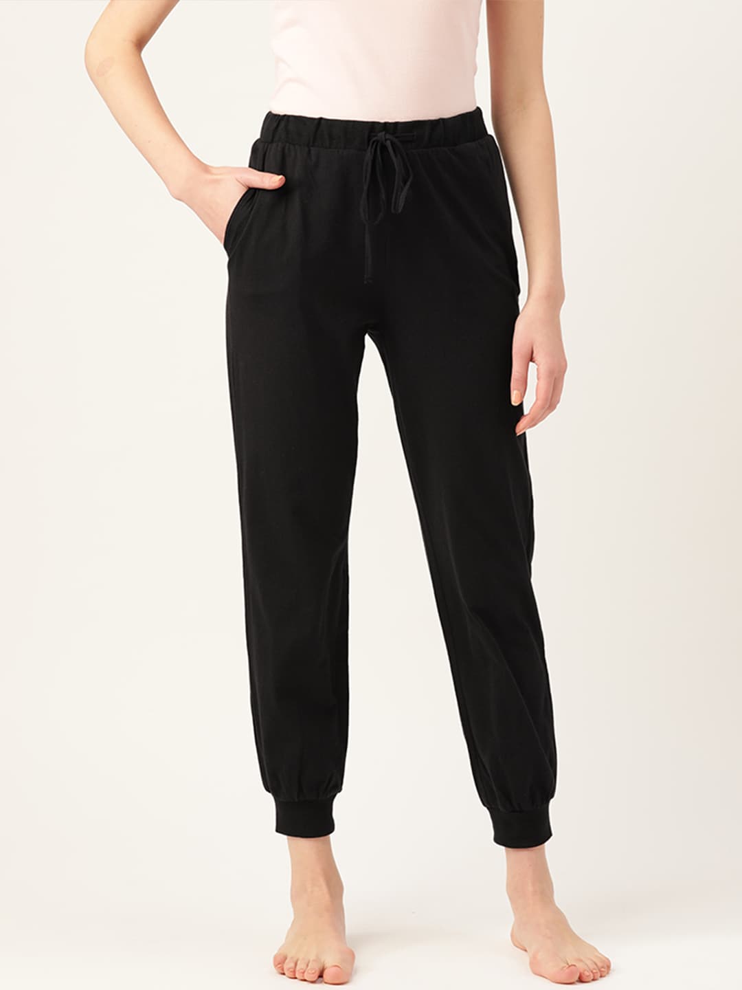 ETC Women Black Pure Cotton Solid Lounge Joggers Price in India