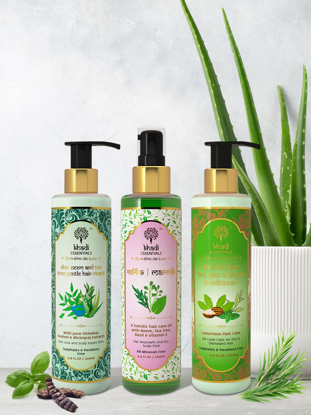 KHADI ESSENTIALS Marmik Hair Oil & Aloe-Neem Shampoo With Thyme Conditioner 600ml Price in India