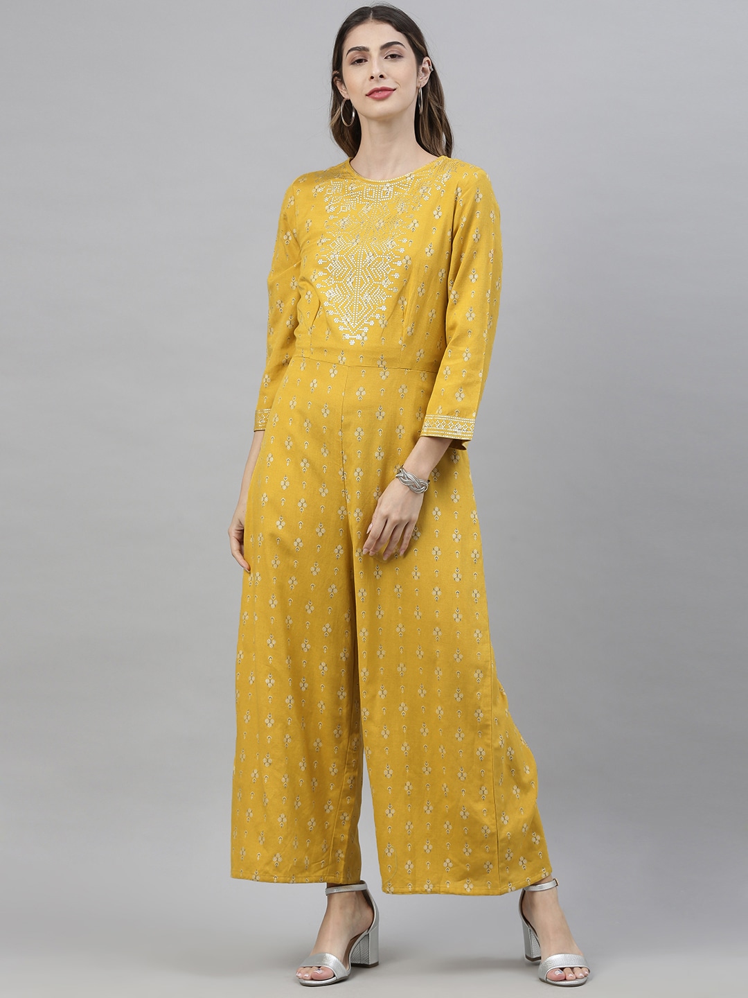 Global Desi Women Mustard Yellow & White Printed Basic Jumpsuit Price in India