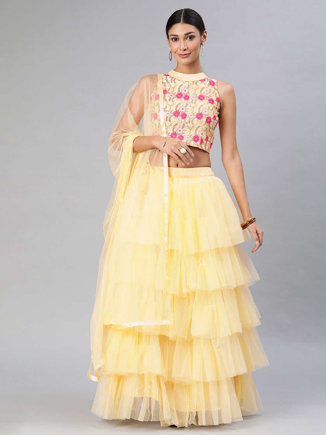 DIVASTRI Yellow Embroidered Semi-Stitched Tiered Lehenga & Unstitched Blouse with Dupatta Price in India