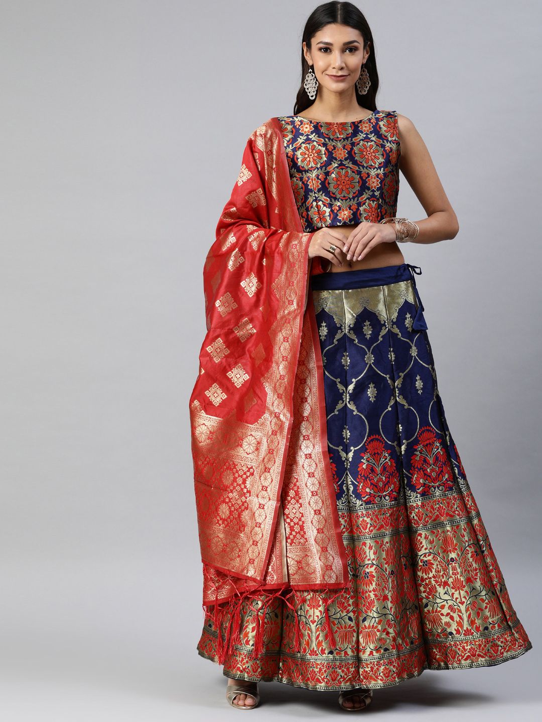 DIVASTRI Navy Blue Woven Design Semi-Stitched Lehenga & Unstitched Blouse with Dupatta