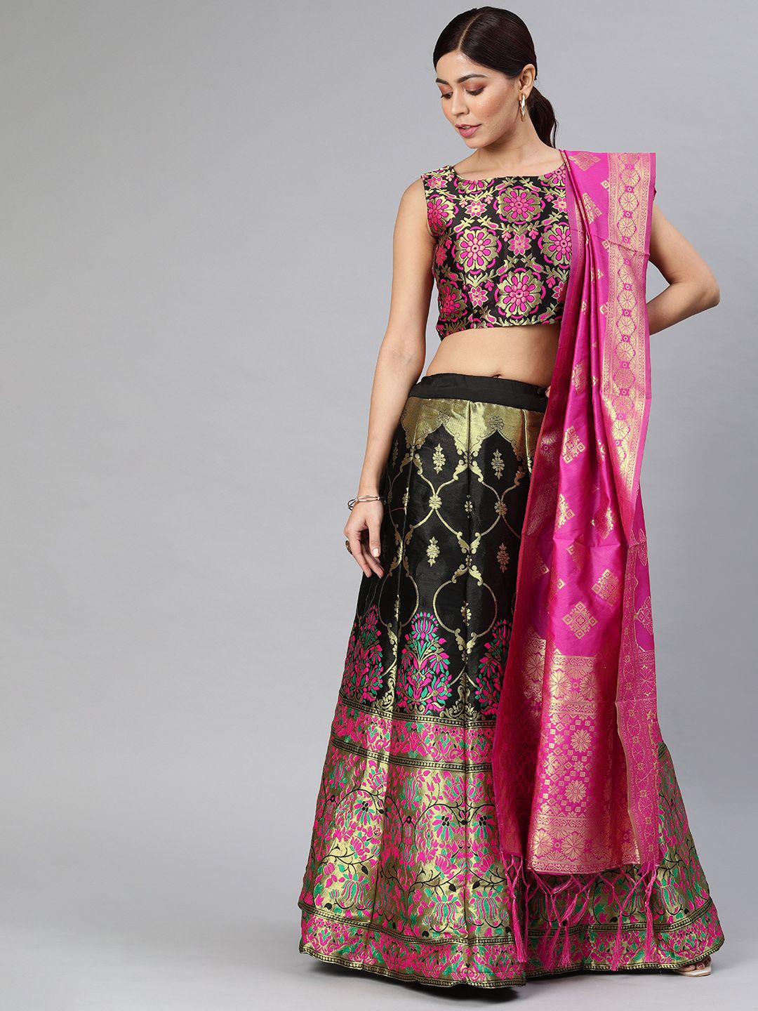 DIVASTRI Black & Fuchsia Woven Design Semi-Stitched Lehenga & Unstitched Blouse with Dupatta Price in India