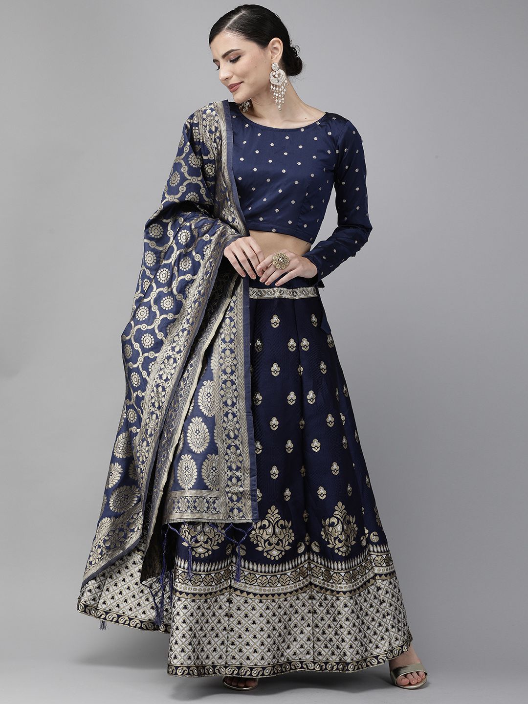 DIVASTRI Navy Blue & White Woven Design Semi-Stitched Lehenga & Unstitched Blouse with Dupatta Price in India
