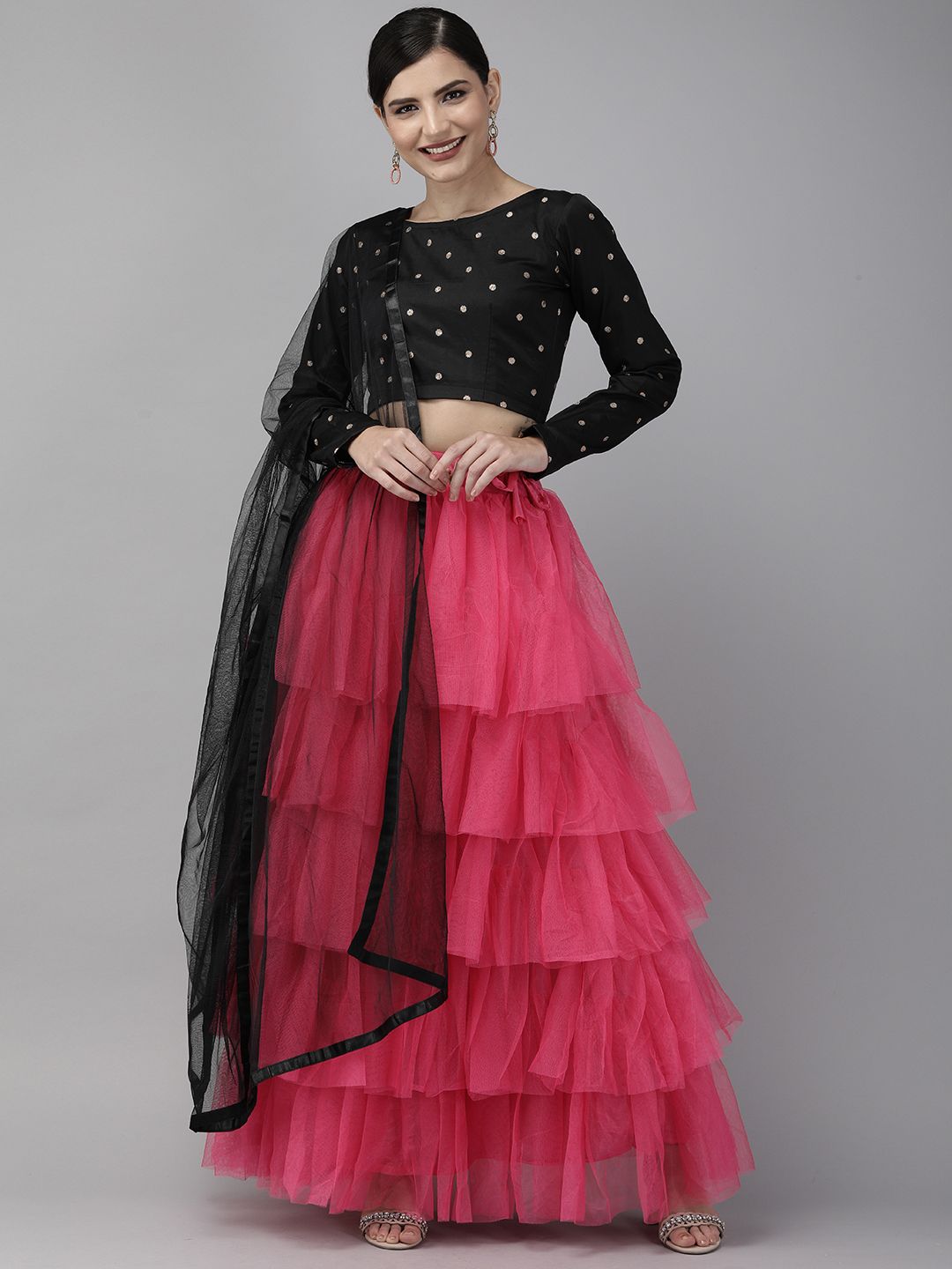DIVASTRI Black & Pink Embroidered Semi-Stitched Lehenga & Unstitched Blouse with Dupatta Price in India