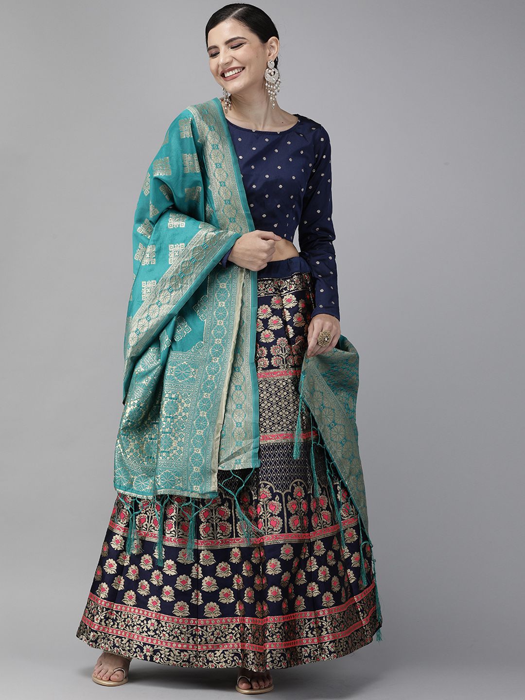 DIVASTRI Navy Blue & Pink Woven Design Semi-Stitched Lehenga & Unstitched Blouse with Dupatta Price in India