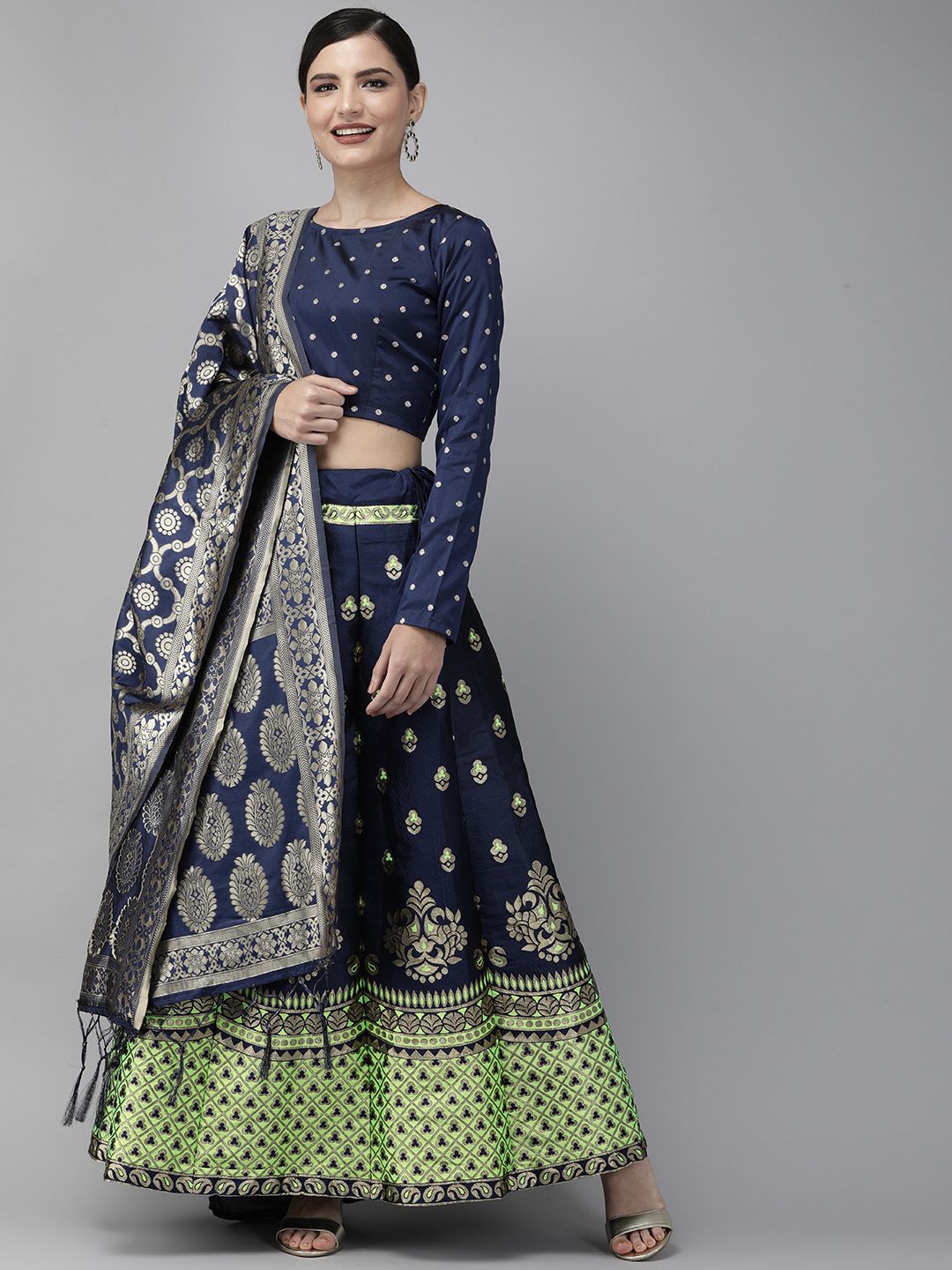 DIVASTRI Navy Blue & Green Woven Design Semi-Stitched Lehenga & Unstitched Blouse with Dupatta Price in India