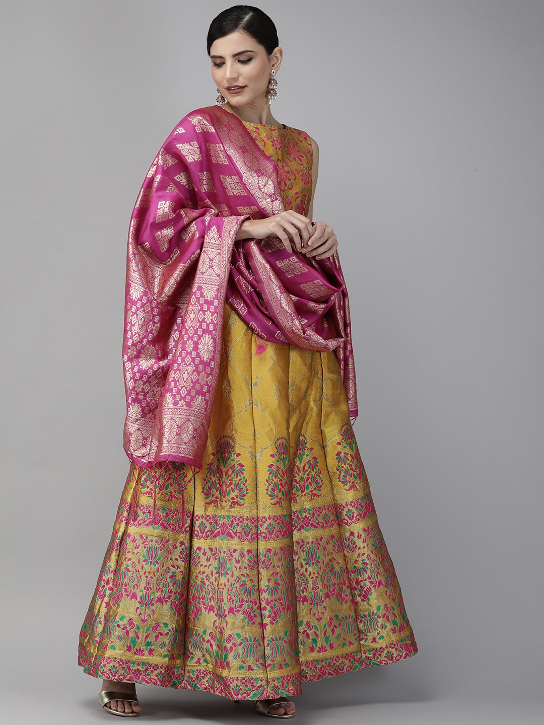 DIVASTRI Mustard & Pink Woven Design Semi-Stitched Lehenga & Unstitched Blouse with Dupatta Price in India