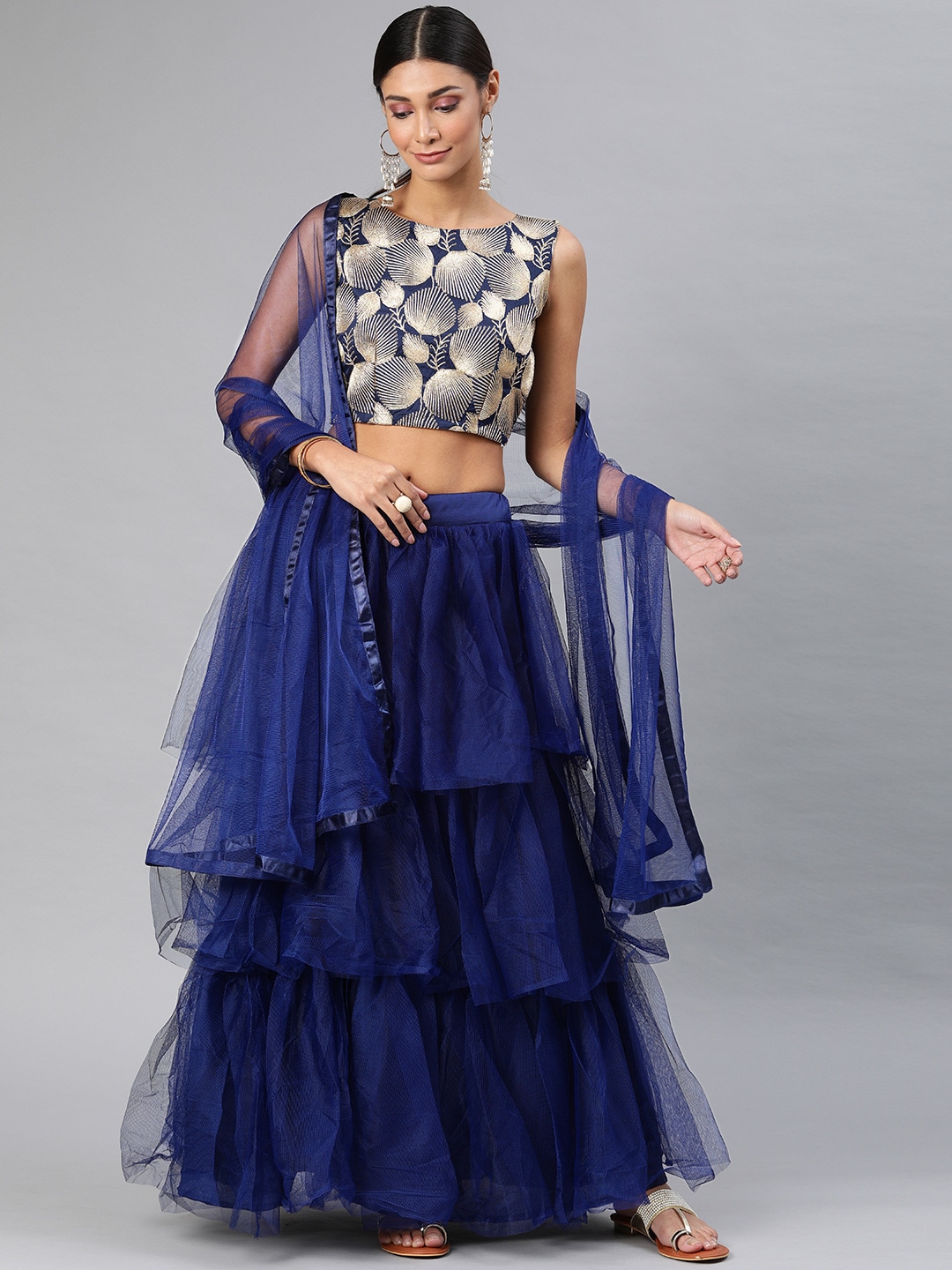 DIVASTRI Navy Blue Layered Semi-Stitched Lehenga & Unstitched Blouse with Dupatta Price in India