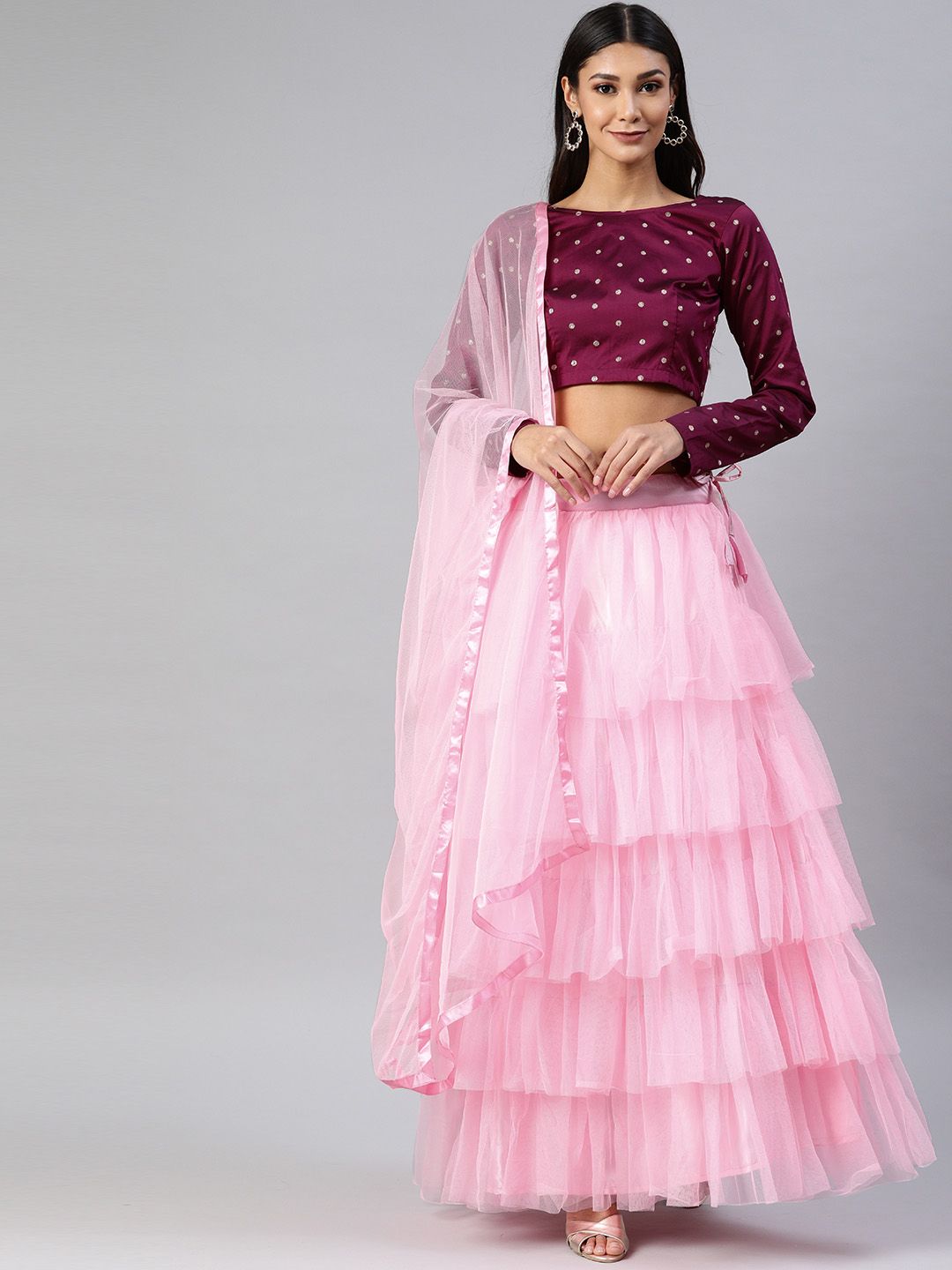 DIVASTRI Pink & Burgundy Woven-Design Semi-Stitched Lehenga with Unstitched Choli Price in India