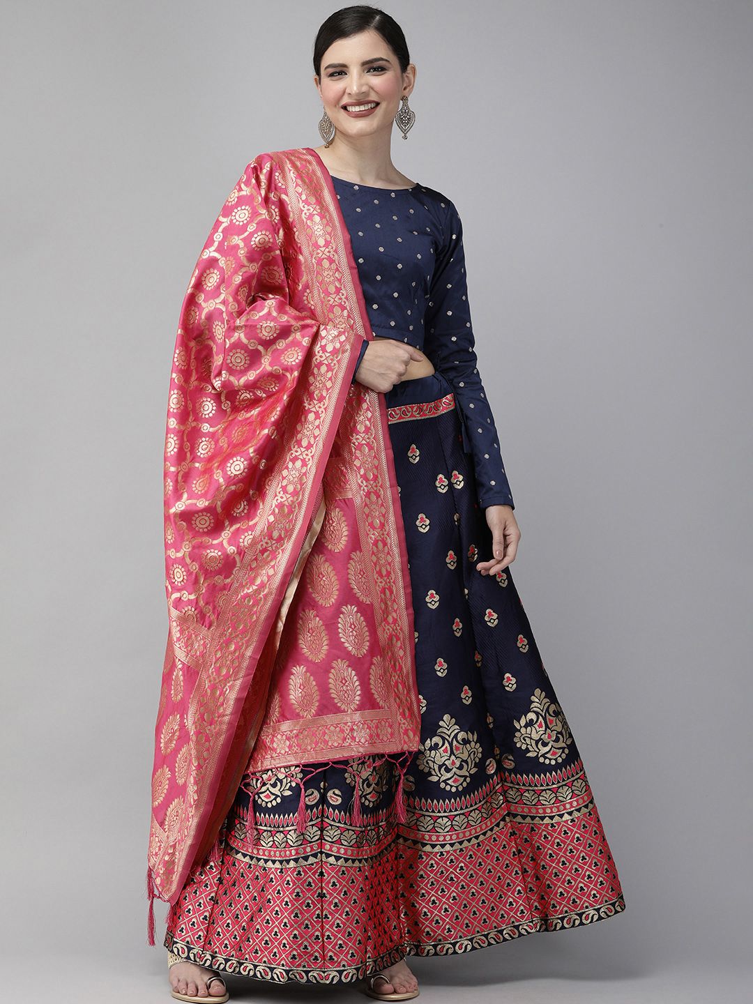 DIVASTRI Navy Blue & Gold-Toned Woven Design Semi-Stitched Lehenga & Unstitched Blouse with Dupatta Price in India