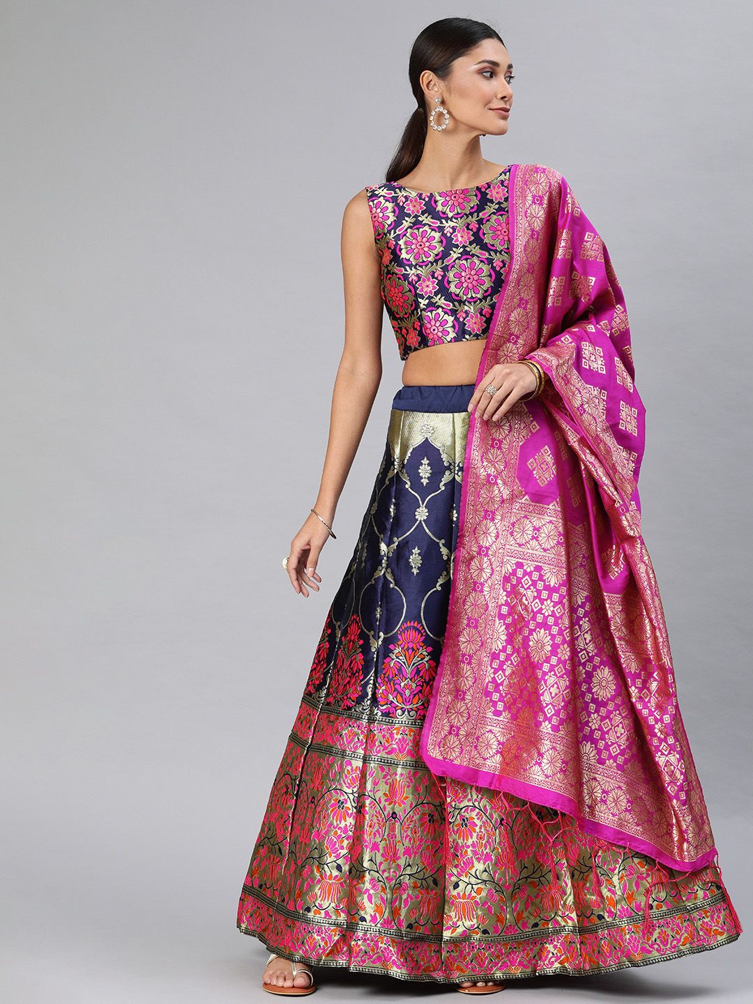 DIVASTRI Navy Blue Woven Design Semi-Stitched Lehenga & Unstitched Blouse with Dupatta Price in India