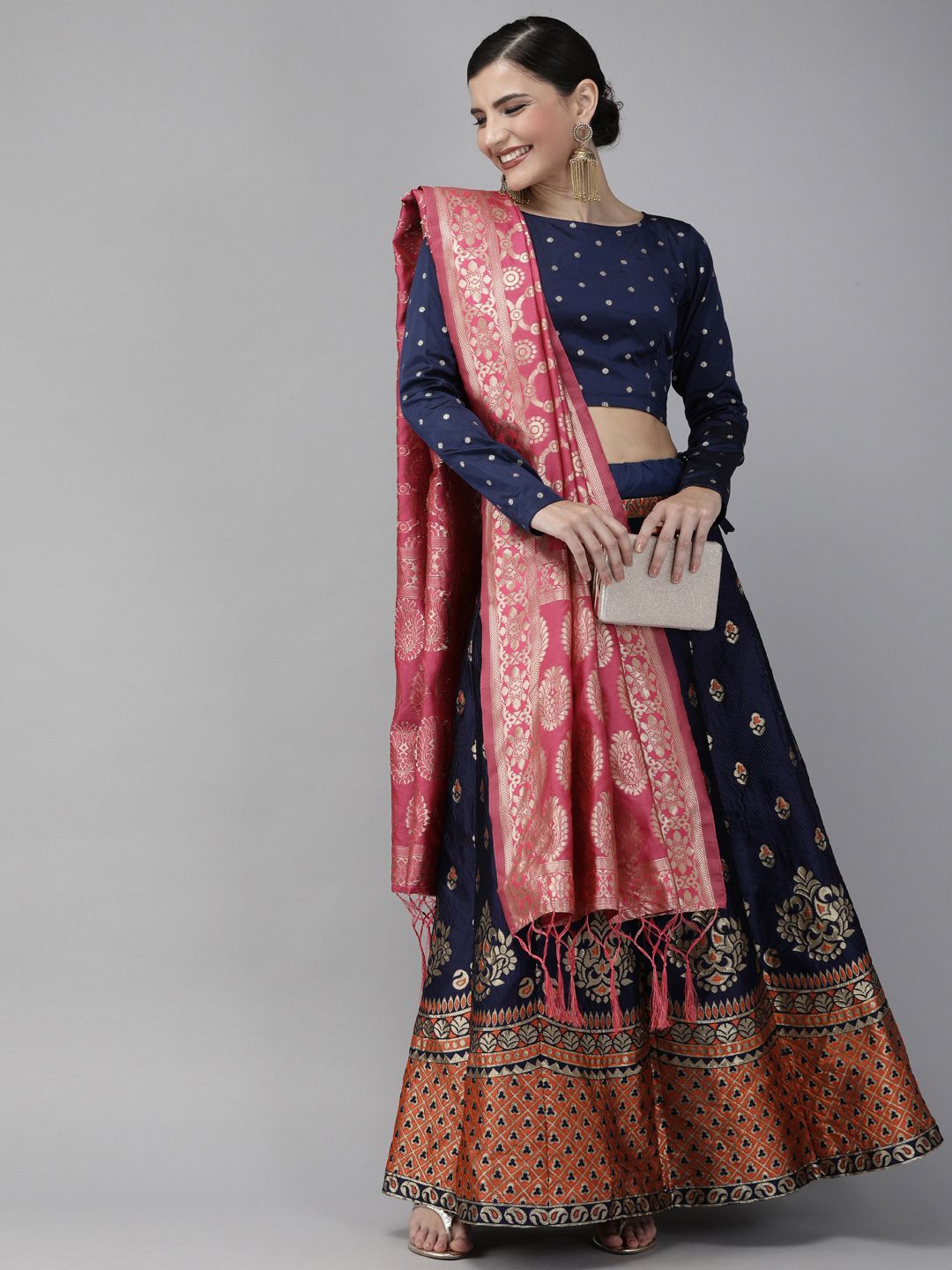 DIVASTRI Navy Blue & Gold-Toned Woven Design Semi-Stitched Lehenga & Unstitched Blouse with Dupatta Price in India