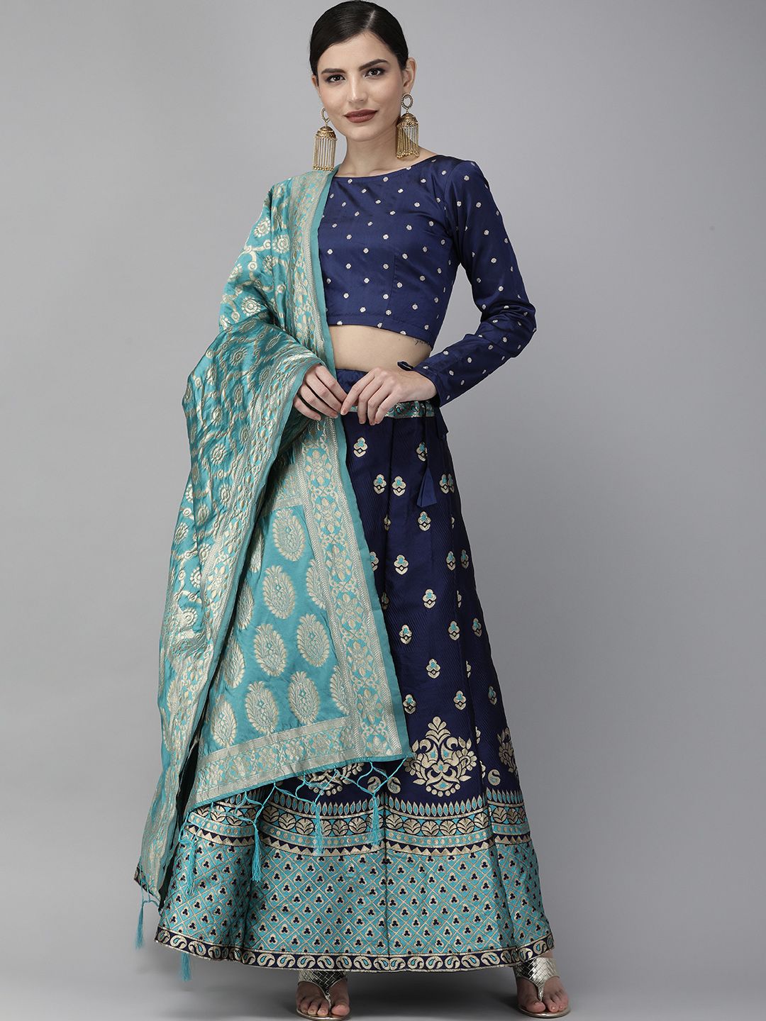 DIVASTRI Blue & Gold-Toned Woven Design Semi-Stitched Lehenga & Unstitched Blouse with Dupatta Price in India