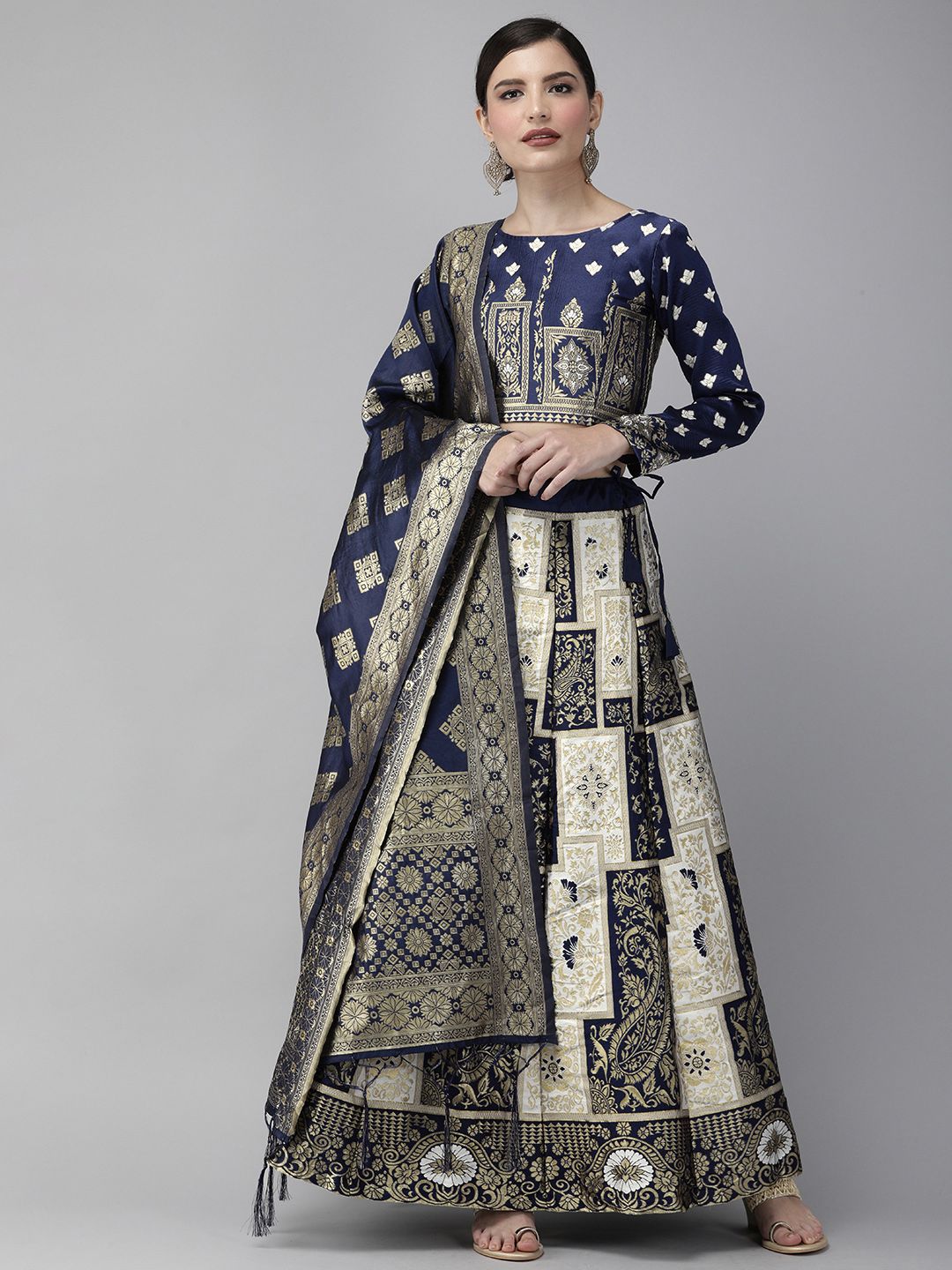 DIVASTRI Navy Blue & Off-White Woven Design Semi-Stitched Lehenga & Unstitched Blouse with Dupatta Price in India
