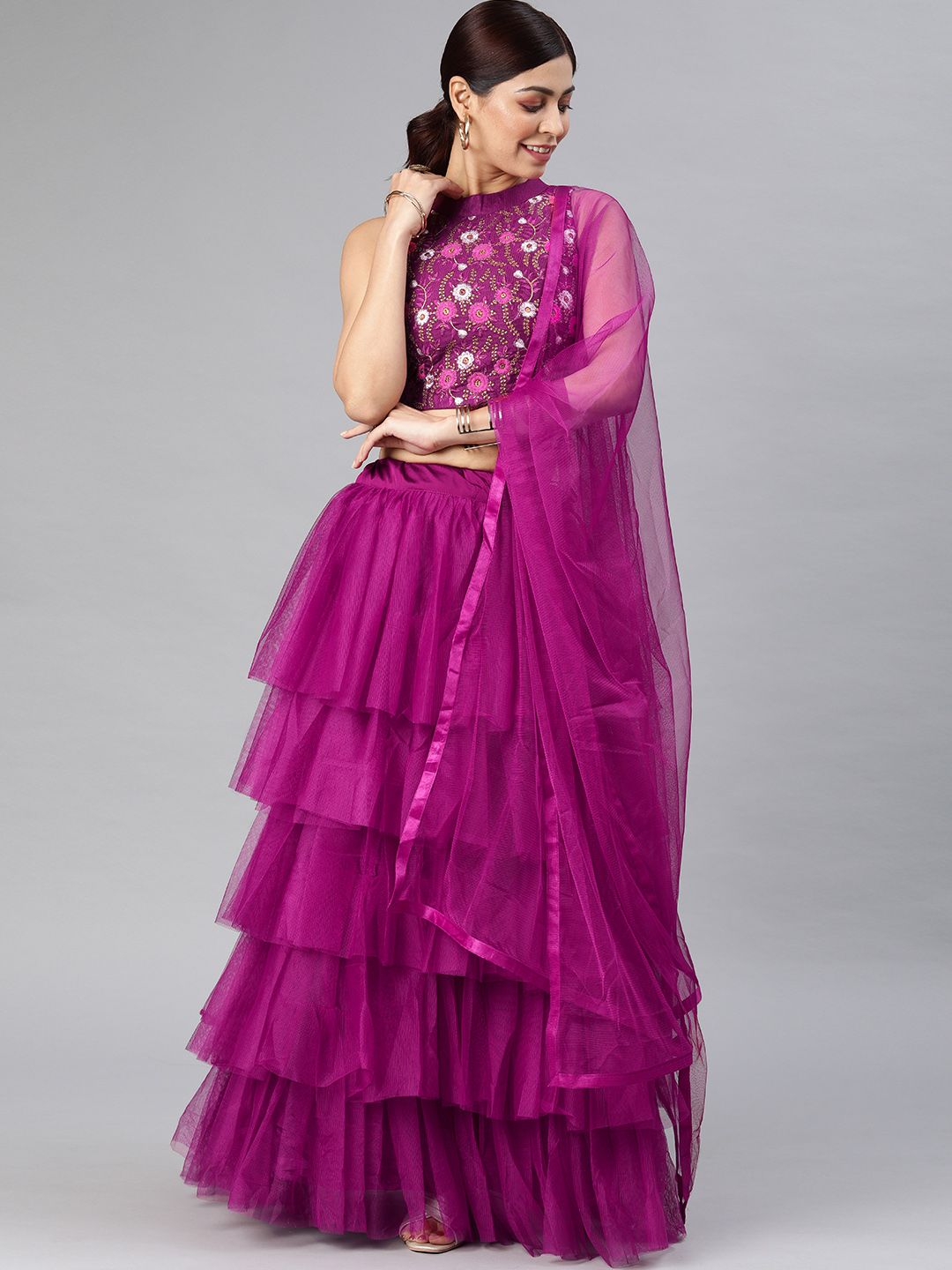 DIVASTRI Purple Embroidered Semi-Stitched Tiered Lehenga & Unstitched Blouse with Dupatta Price in India