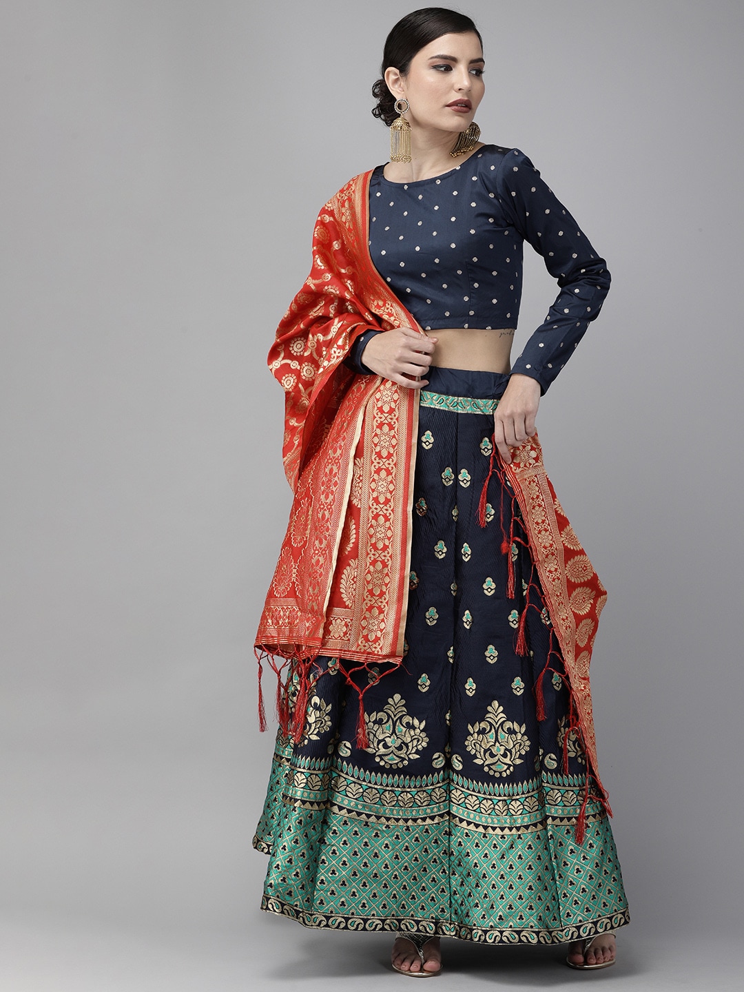 DIVASTRI Navy Blue & Gold-Toned Woven Design Semi-Stitched Lehenga & Unstitched Blouse with Dupatta Price in India
